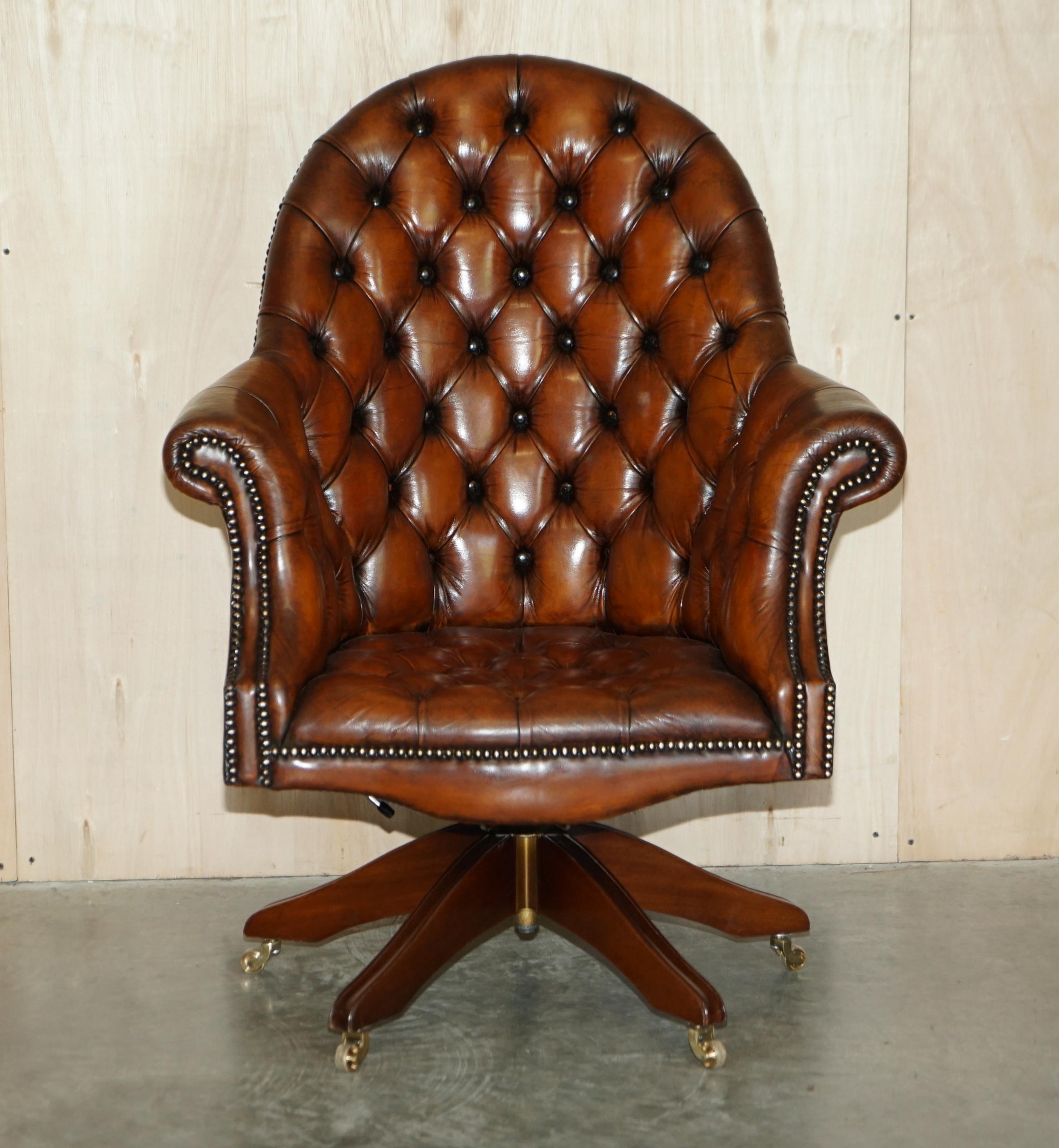 We are delighted to offer for sale this lovely fully restored original oak framed Antique circa 1900 hand dyed Chesterfield cigar brown leather directors chair.

A very good looking well made and comfortable directors chair, I've not seen one with
