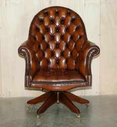 Fine Restored Directors Hand Dyed Brown Leather Chesterfield Captains Armchair