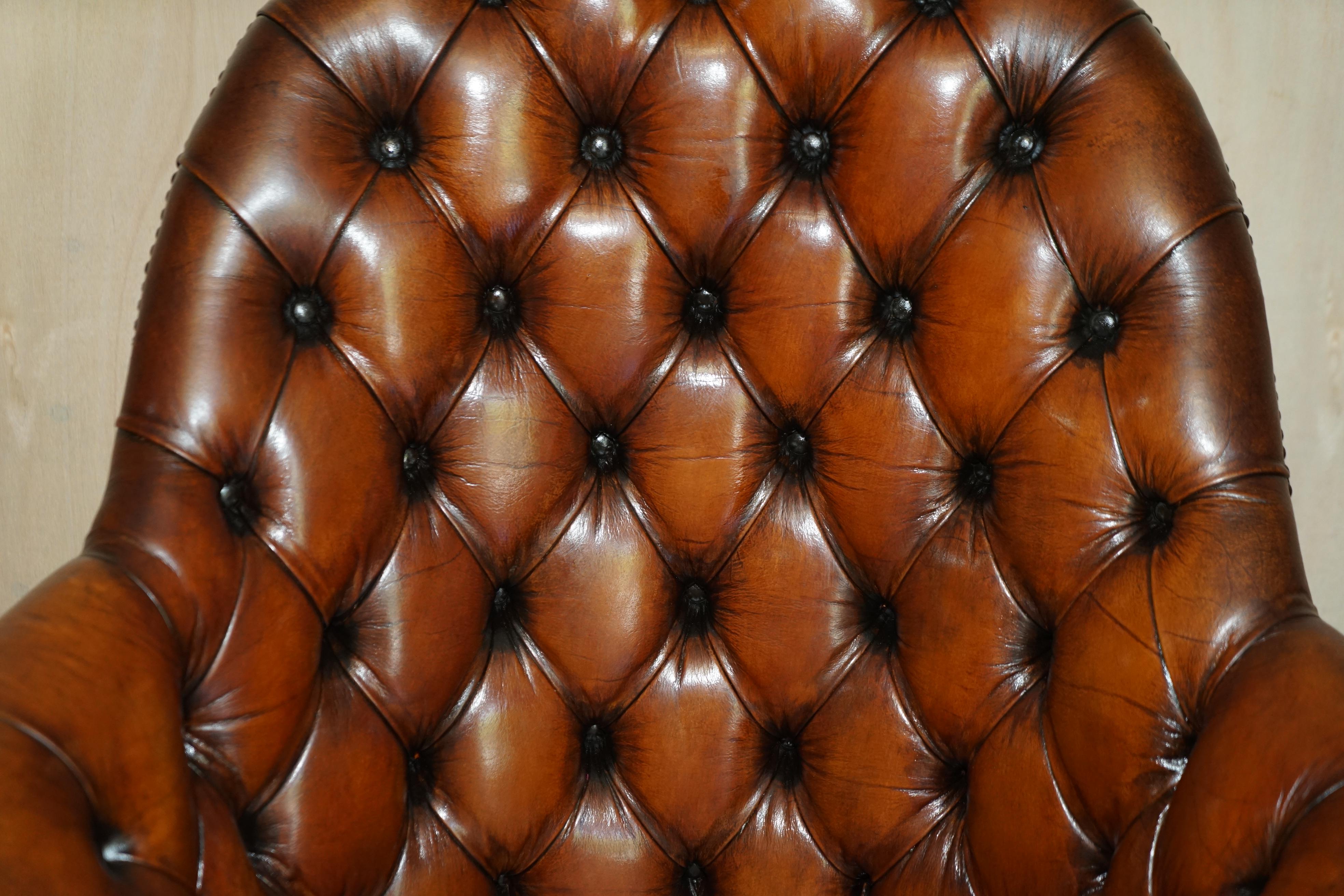 Edwardian Fine Restored Directors Hand Dyed Brown Leather Chesterfield Captains Armchair