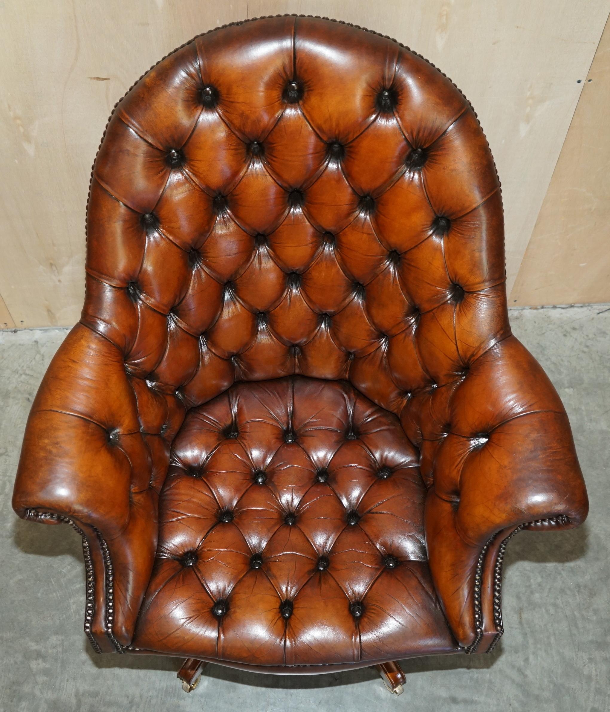 English Fine Restored Directors Hand Dyed Brown Leather Chesterfield Captains Armchair