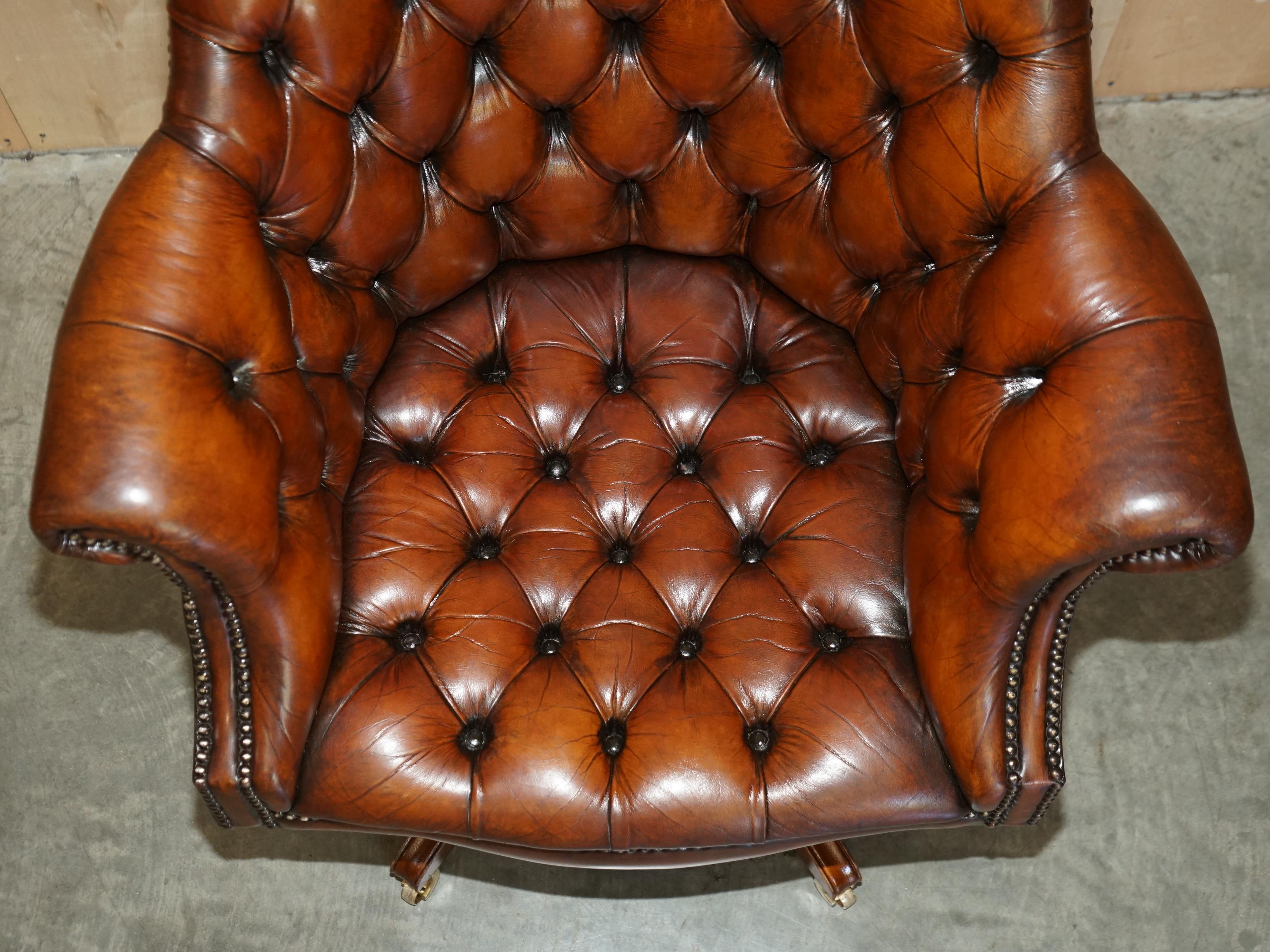 Hand-Crafted Fine Restored Directors Hand Dyed Brown Leather Chesterfield Captains Armchair
