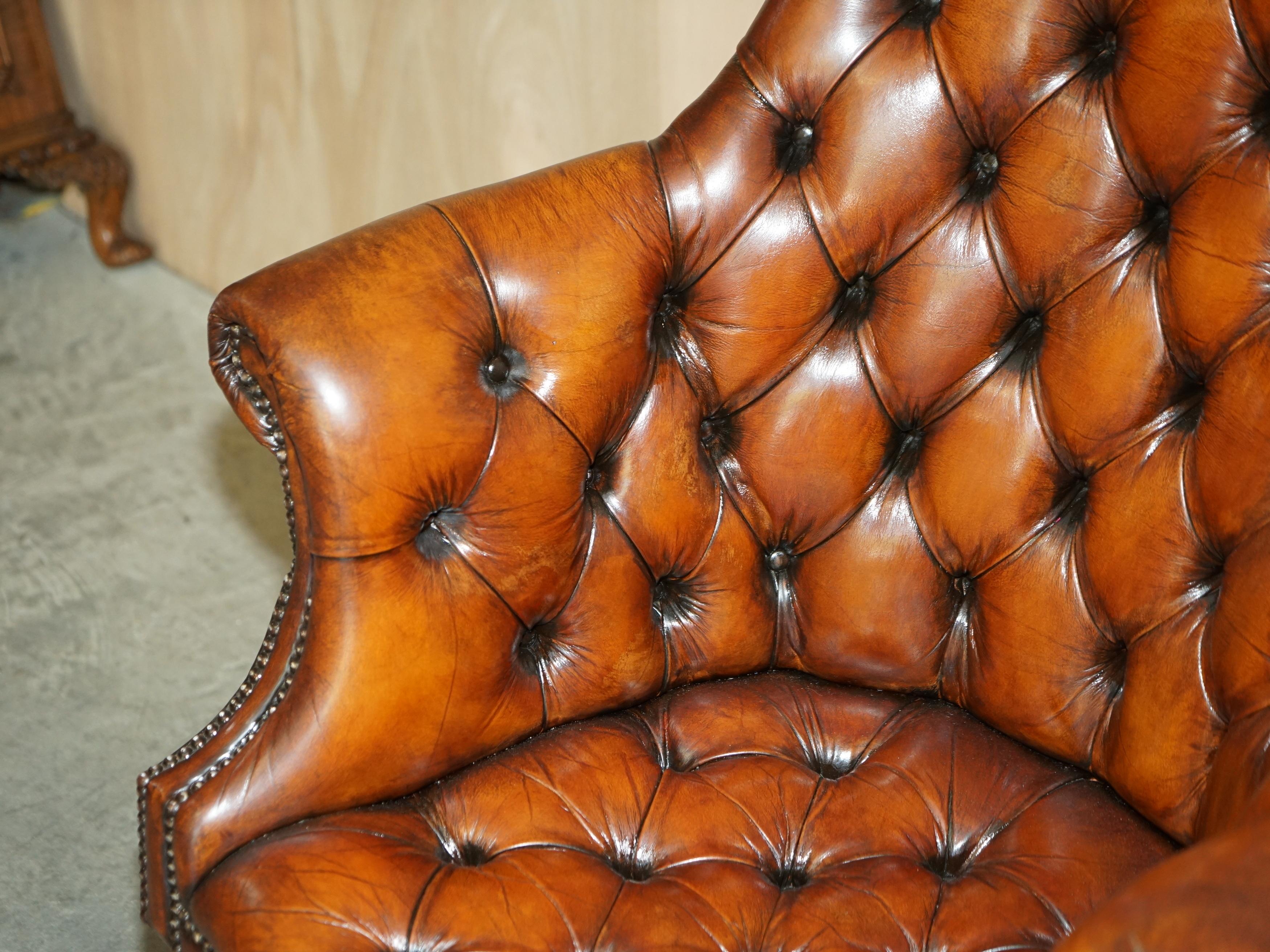 Fine Restored Directors Hand Dyed Brown Leather Chesterfield Captains Armchair In Good Condition In West Sussex, Pulborough