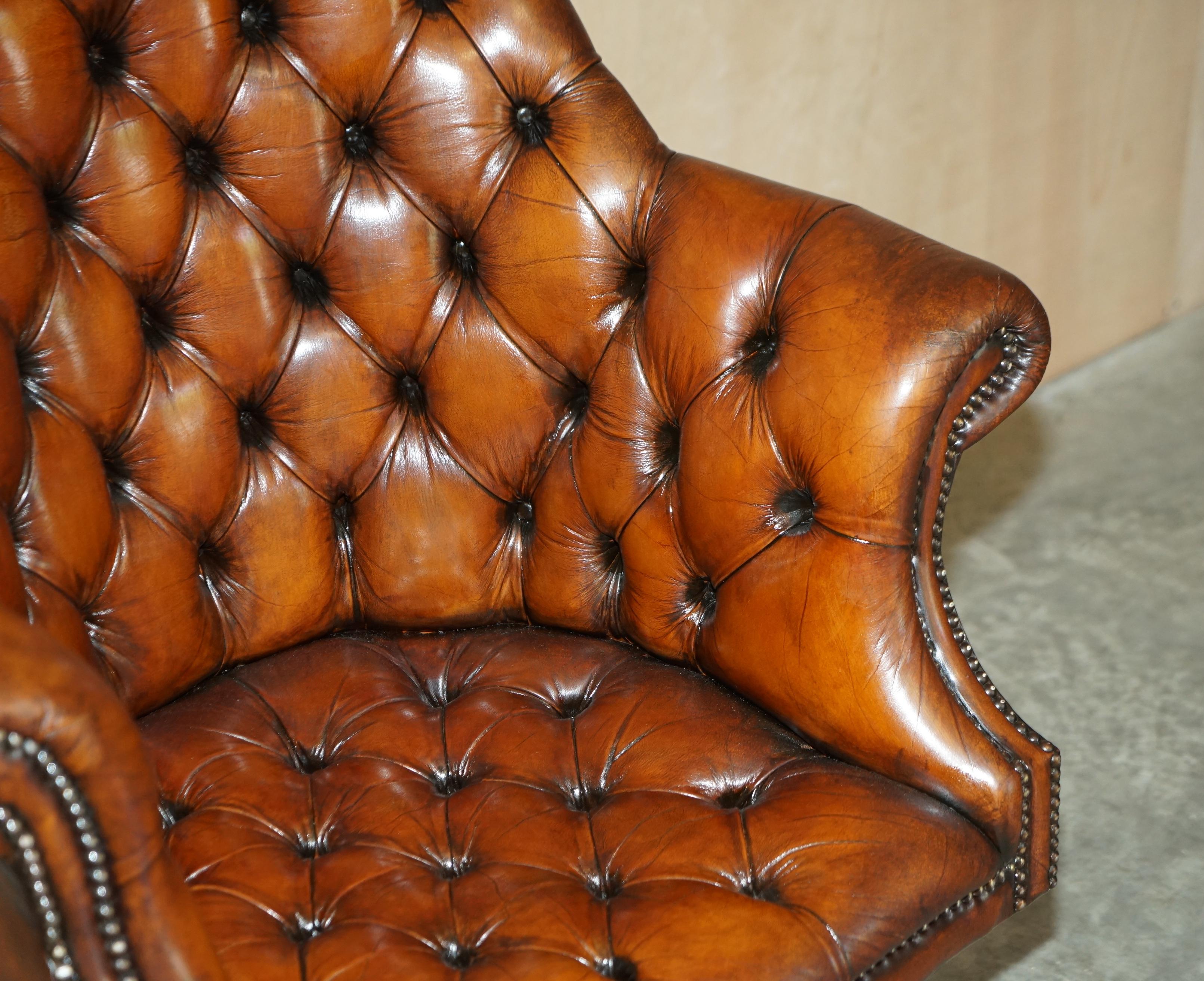 Early 20th Century Fine Restored Directors Hand Dyed Brown Leather Chesterfield Captains Armchair