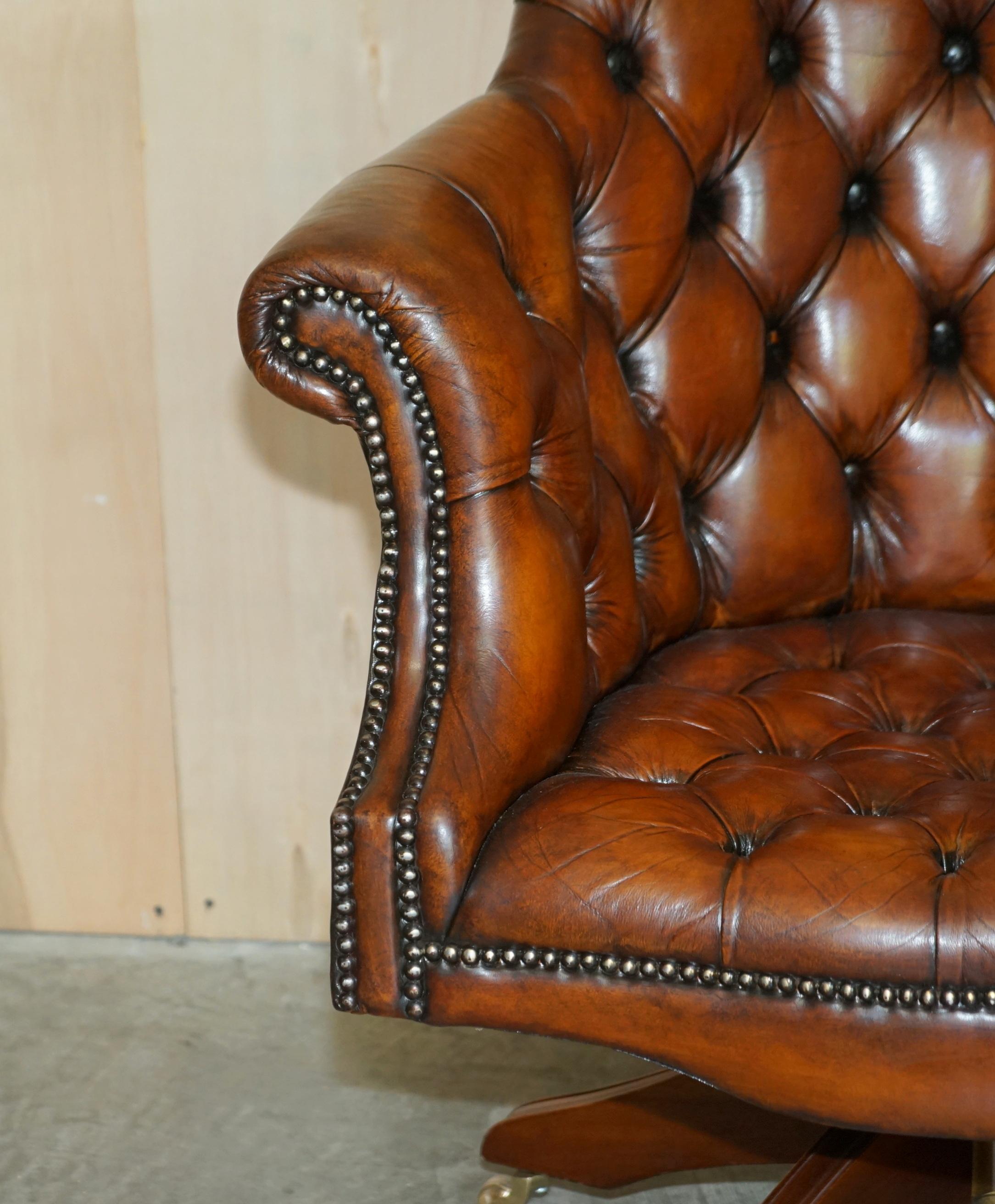 Fine Restored Directors Hand Dyed Brown Leather Chesterfield Captains Armchair 1