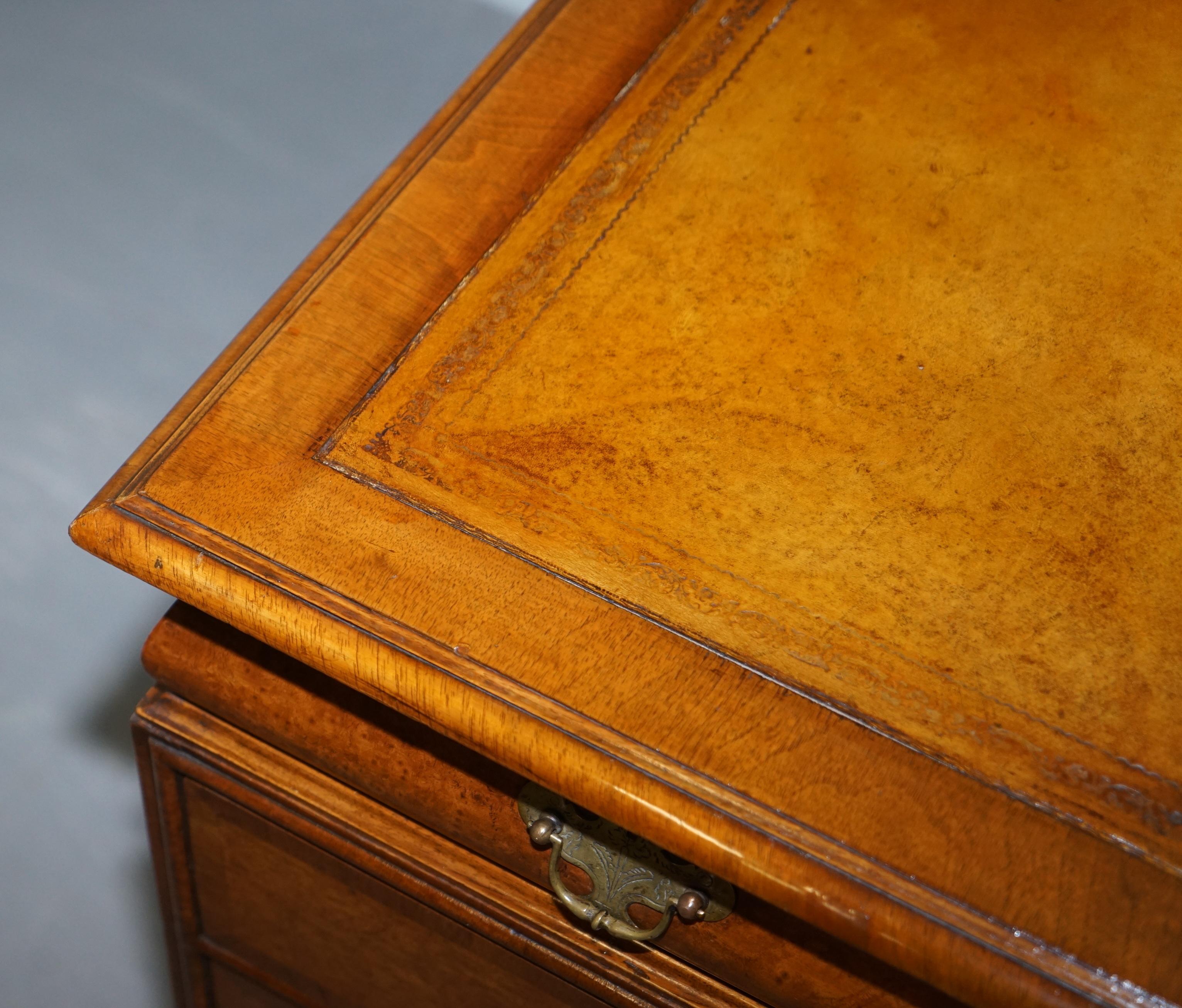 Fine Restored Hamptons Burr Walnut Cushion Drawer Brown Leather Partner Desk For Sale 7