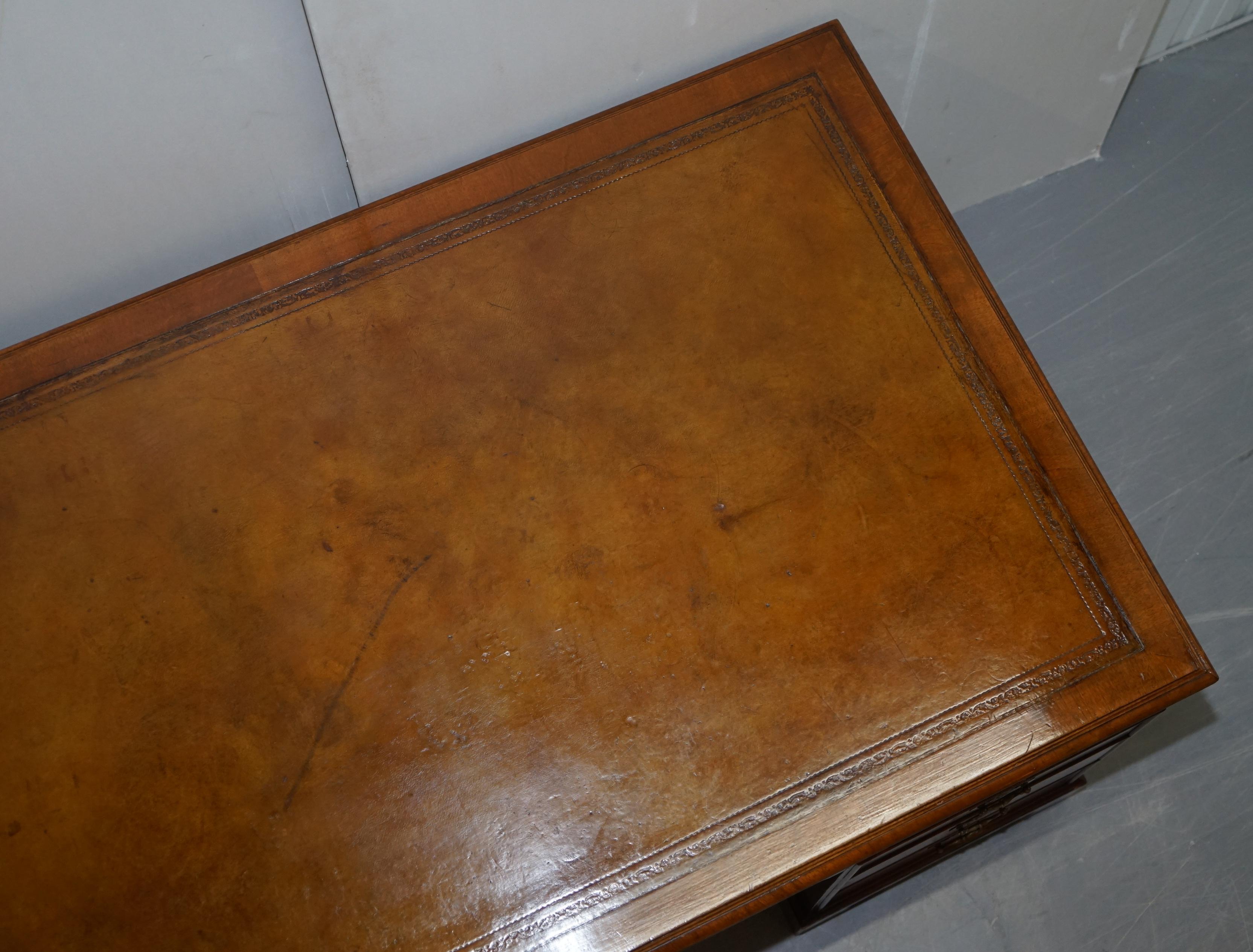 Regency Fine Restored Hamptons Burr Walnut Cushion Drawer Brown Leather Partner Desk For Sale