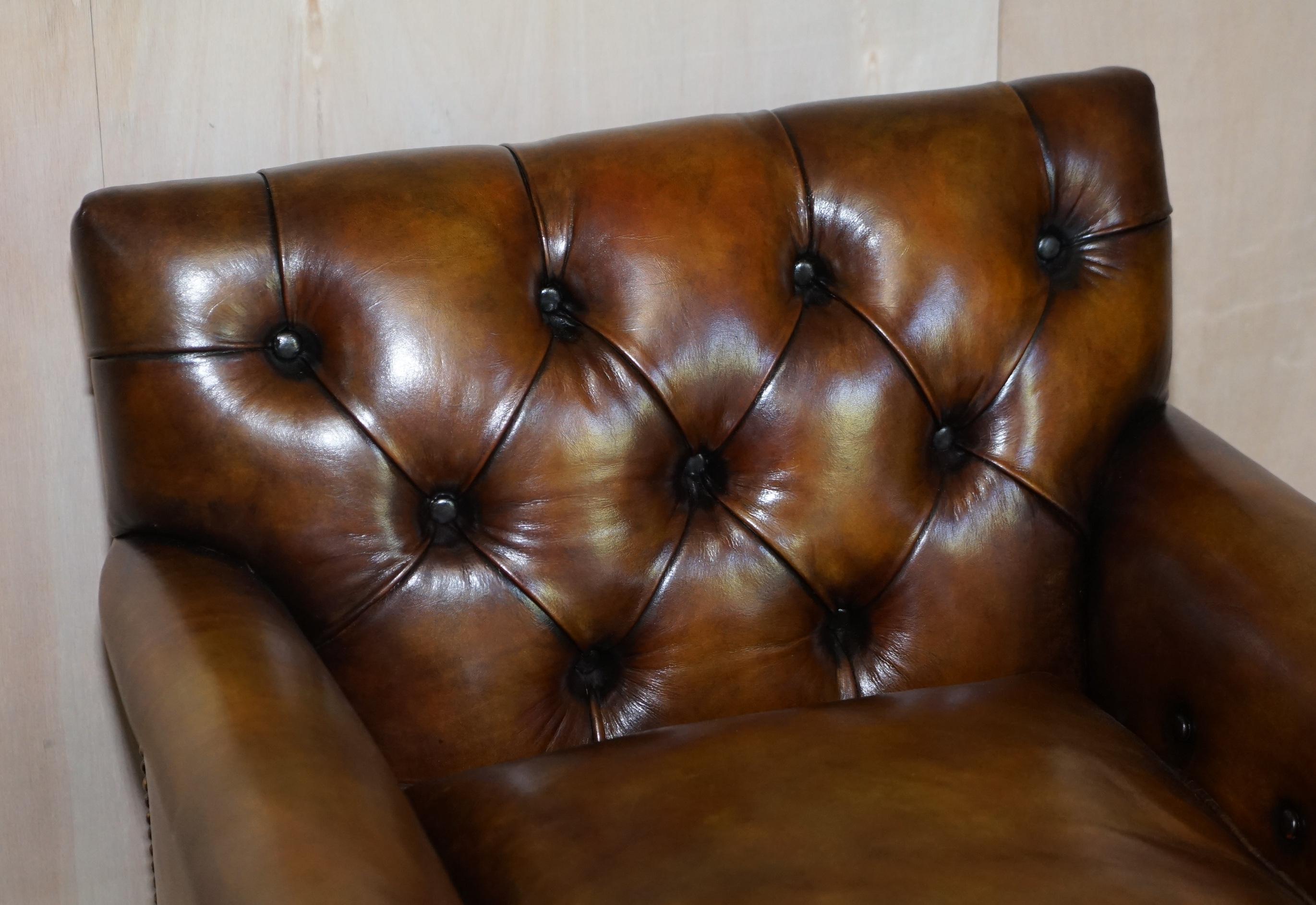 English Fine Restored Howard & Sons Chesterfield Brown Leather Claw & Ball Feet Armchair