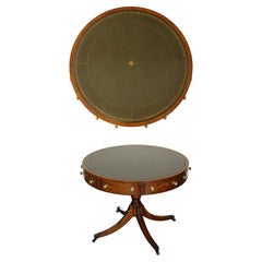 FINE RESTORED REGENCY DRUM TOP LIBRARY TABLE WiTH LOVELY AGED GREEN LEATHER TOP