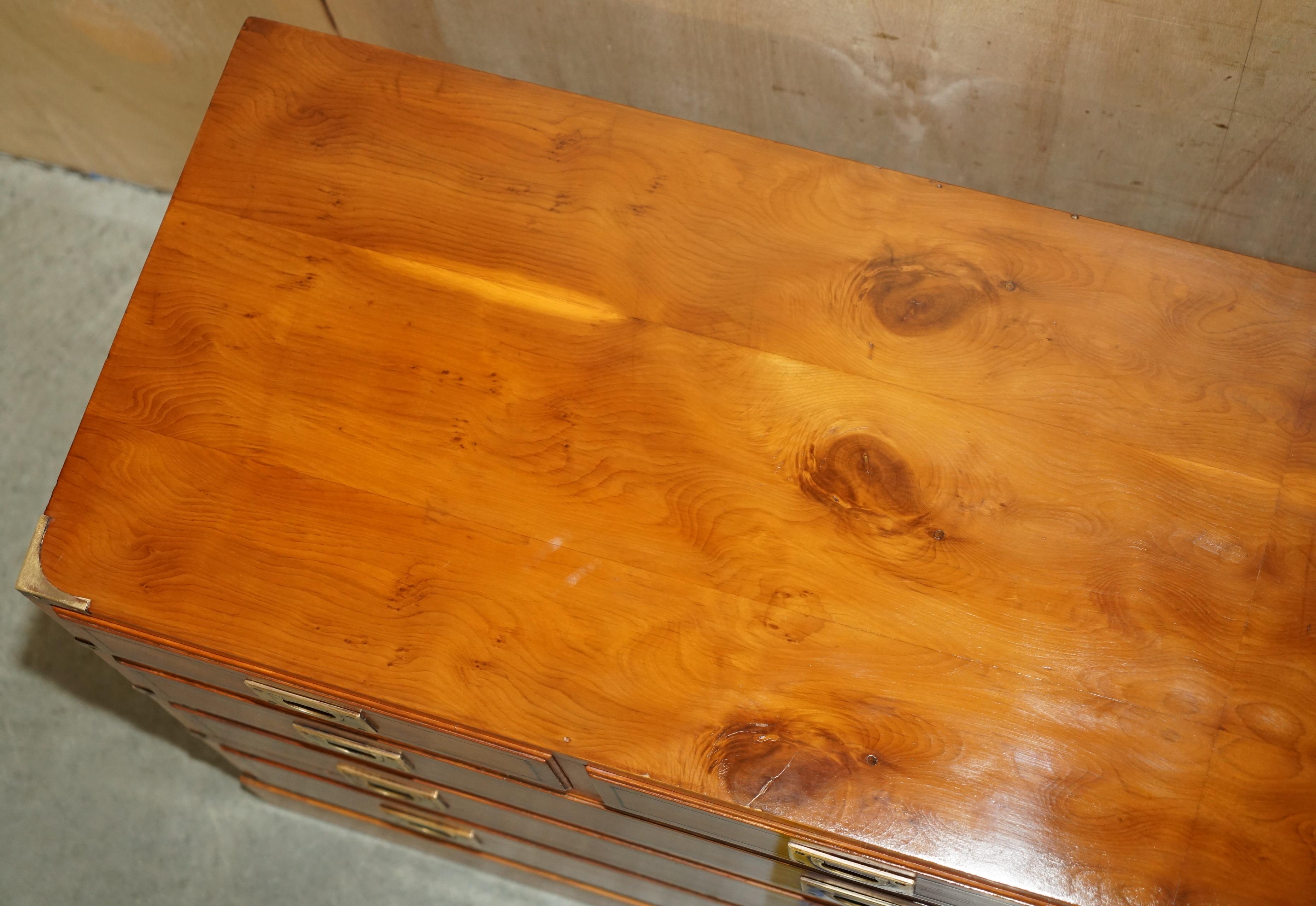 FINE RESTORED TRADITIONALLY FRENCH POLISHED BURR ELM MILITARY CAMPAIGN SiDEBOARD For Sale 2