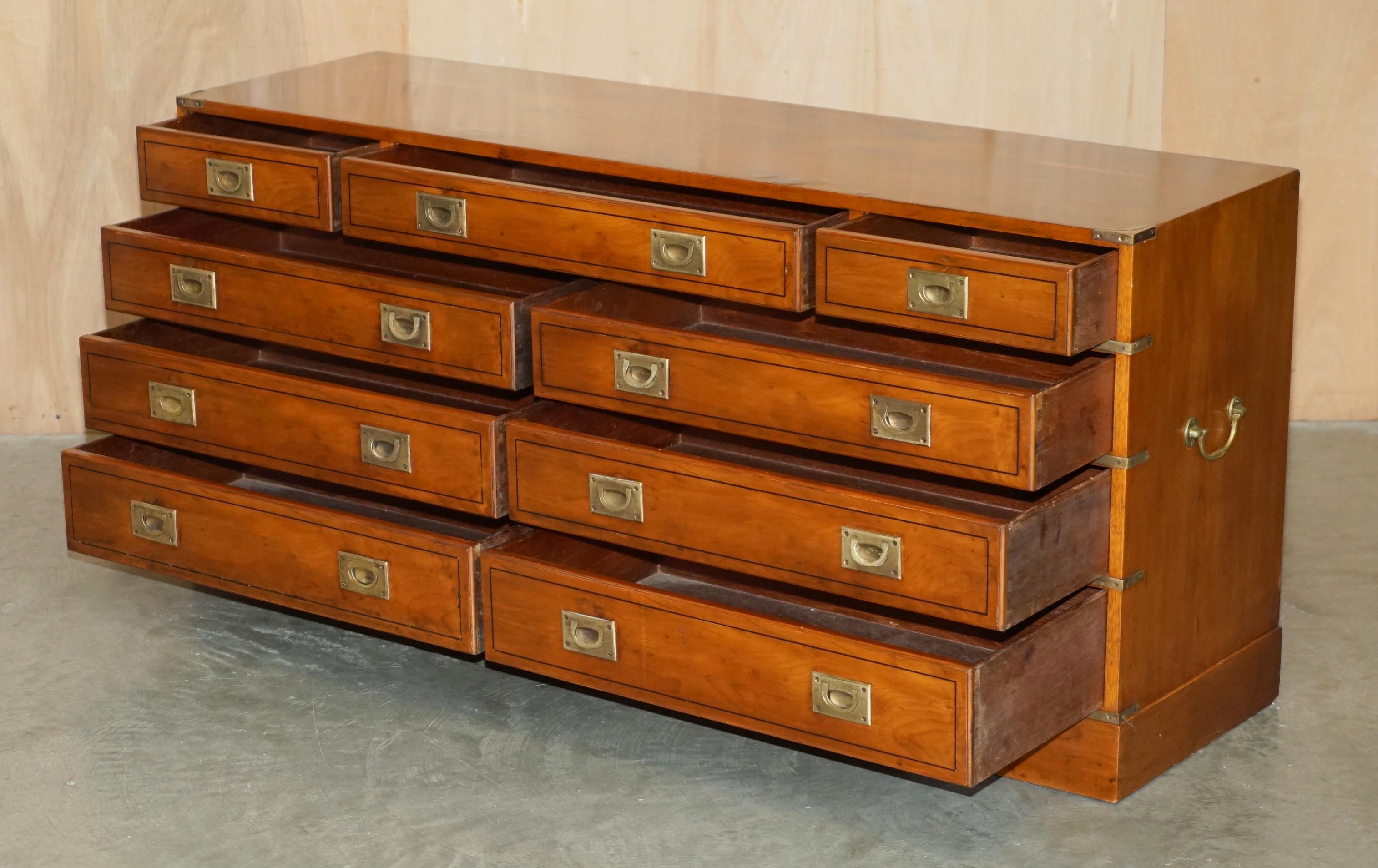 FINE RESTORED TRADITIONALLY FRENCH POLISHED BURR ELM MILITARY CAMPAIGN SiDEBOARD For Sale 9