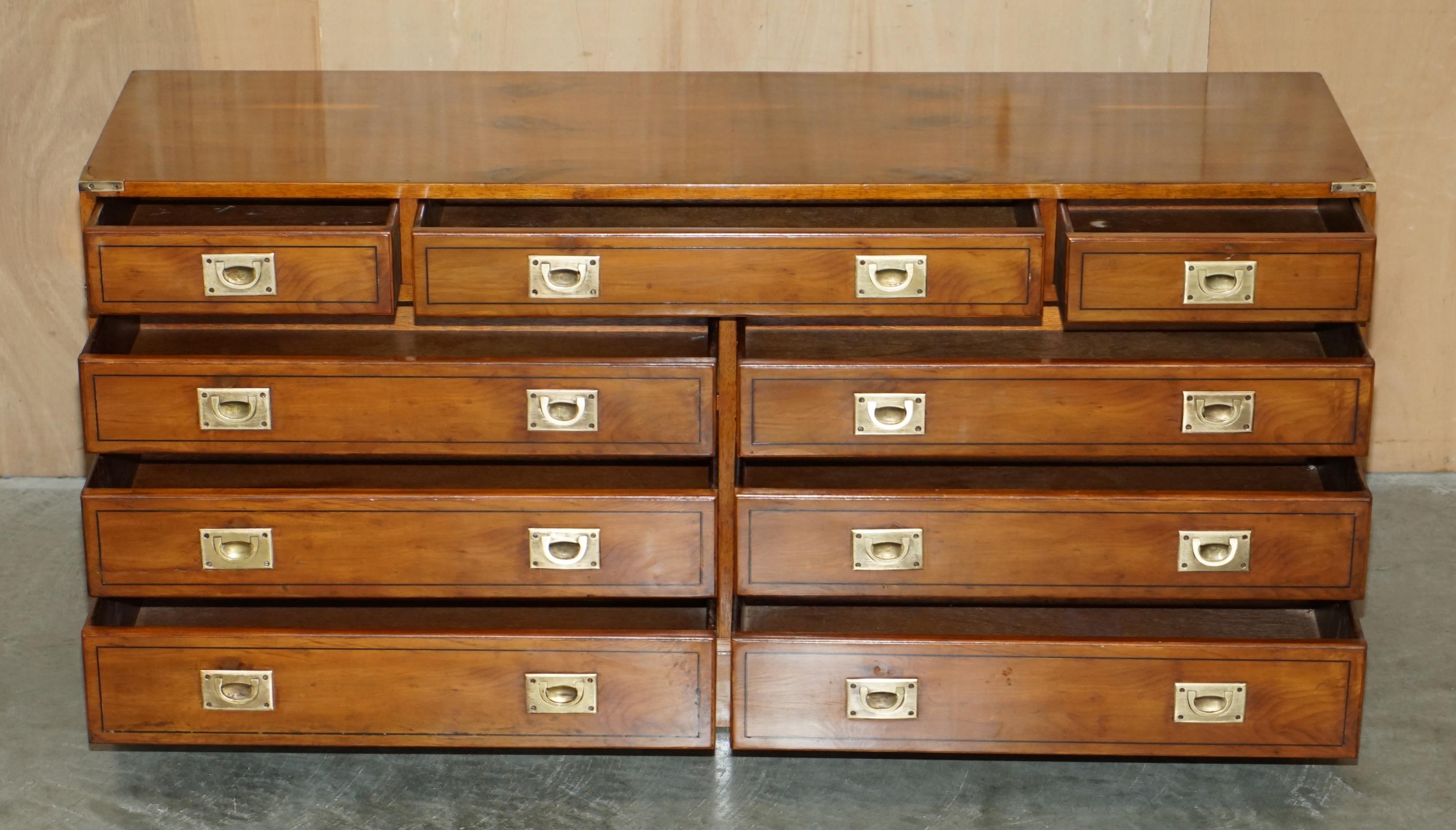 FINE RESTORED TRADITIONALLY FRENCH POLISHED BURR ELM MILITARY CAMPAIGN SiDEBOARD For Sale 10