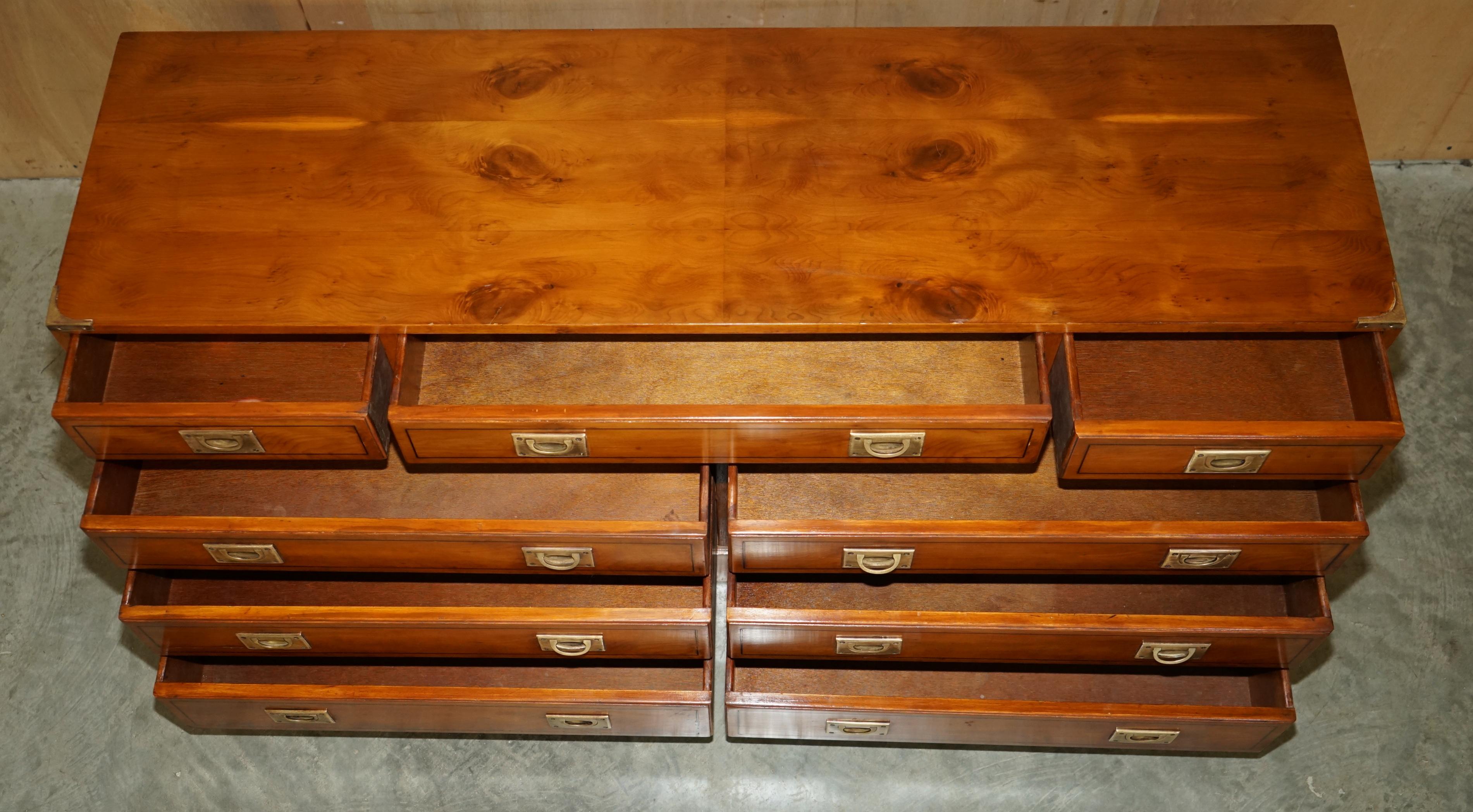 FINE RESTORED TRADITIONALLY FRENCH POLISHED BURR ELM MILITARY CAMPAIGN SiDEBOARD For Sale 11
