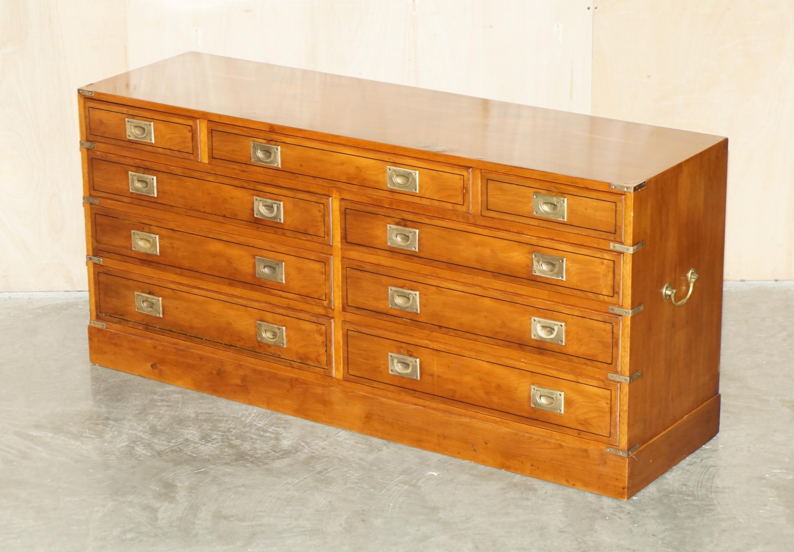 Royal House Antiques is delighted to offer for sale this very rare fully restored and traditionally French polished Burr Elm Military Campaign sideboard bank of drawers

Please note the delivery fee listed is just a guide, it covers within the M25