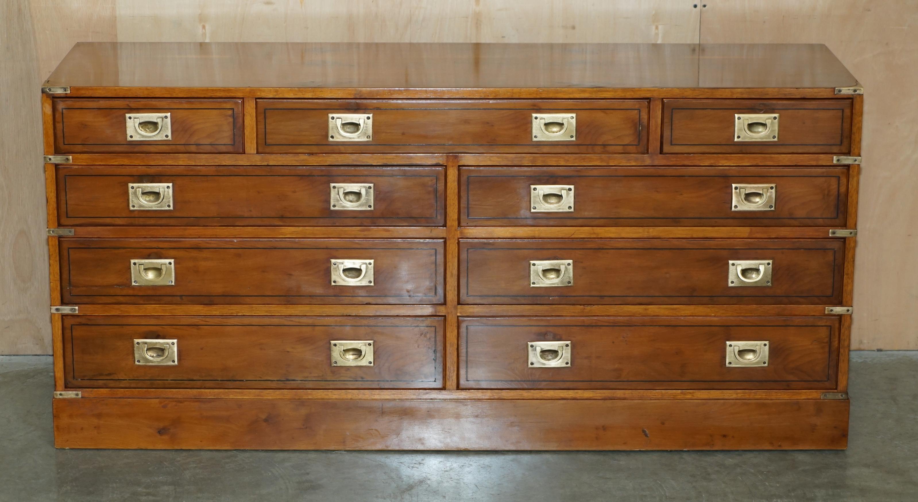 Campaign FINE RESTORED TRADITIONALLY FRENCH POLISHED BURR ELM MILITARY CAMPAIGN SiDEBOARD For Sale