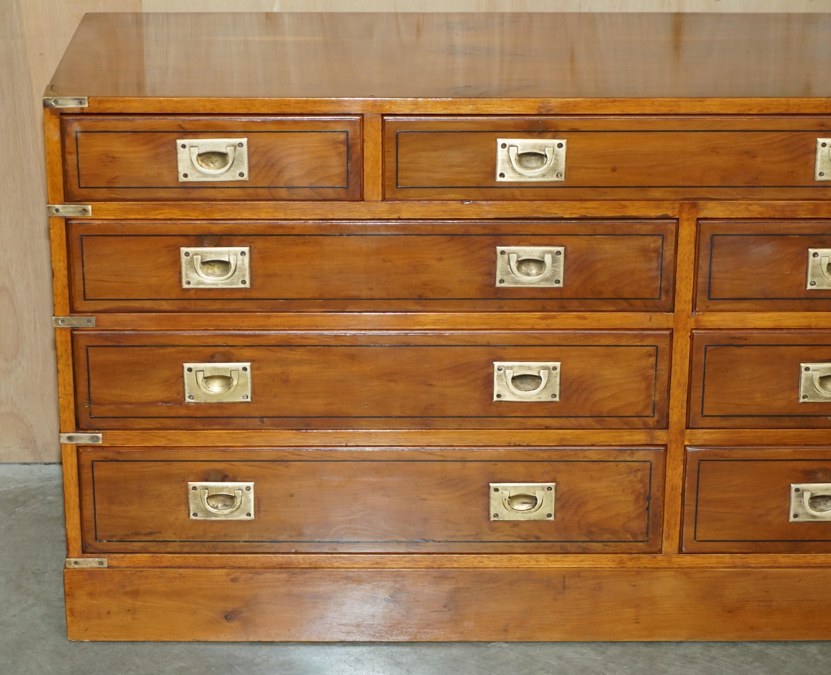 English FINE RESTORED TRADITIONALLY FRENCH POLISHED BURR ELM MILITARY CAMPAIGN SiDEBOARD For Sale