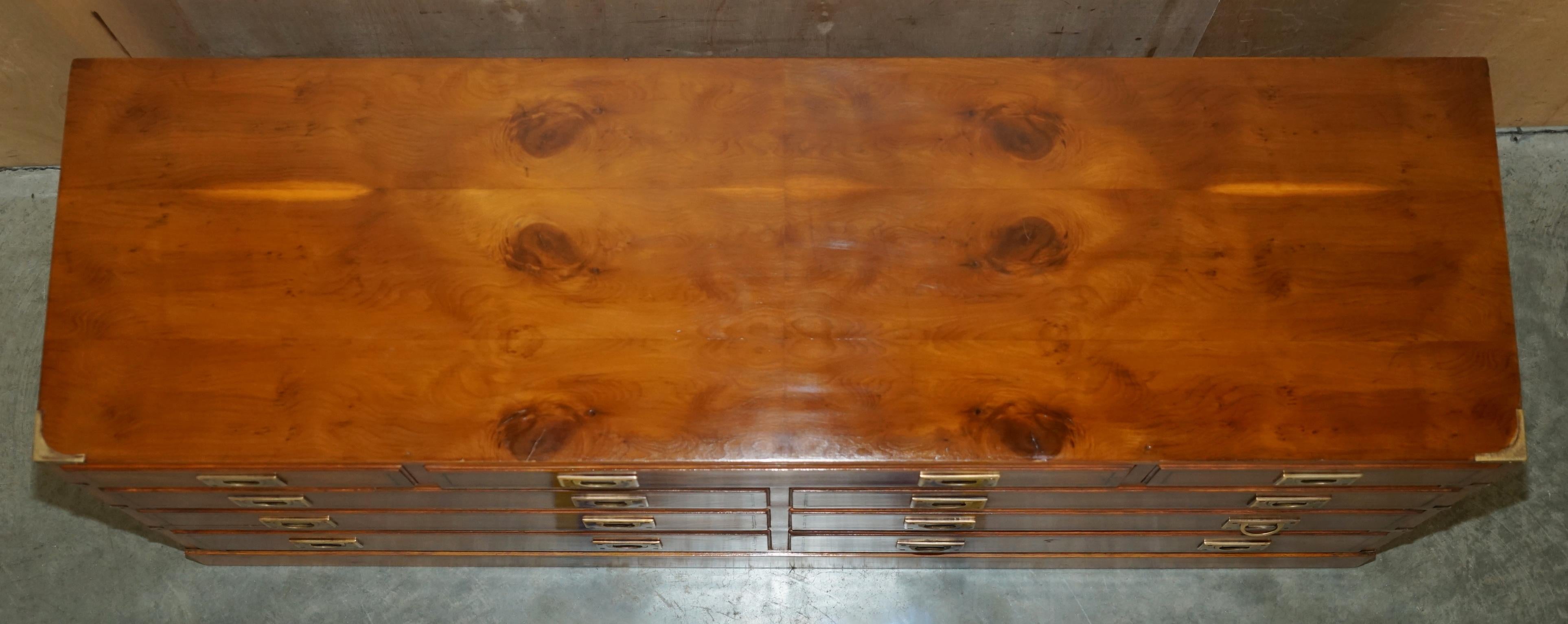 Brass FINE RESTORED TRADITIONALLY FRENCH POLISHED BURR ELM MILITARY CAMPAIGN SiDEBOARD For Sale