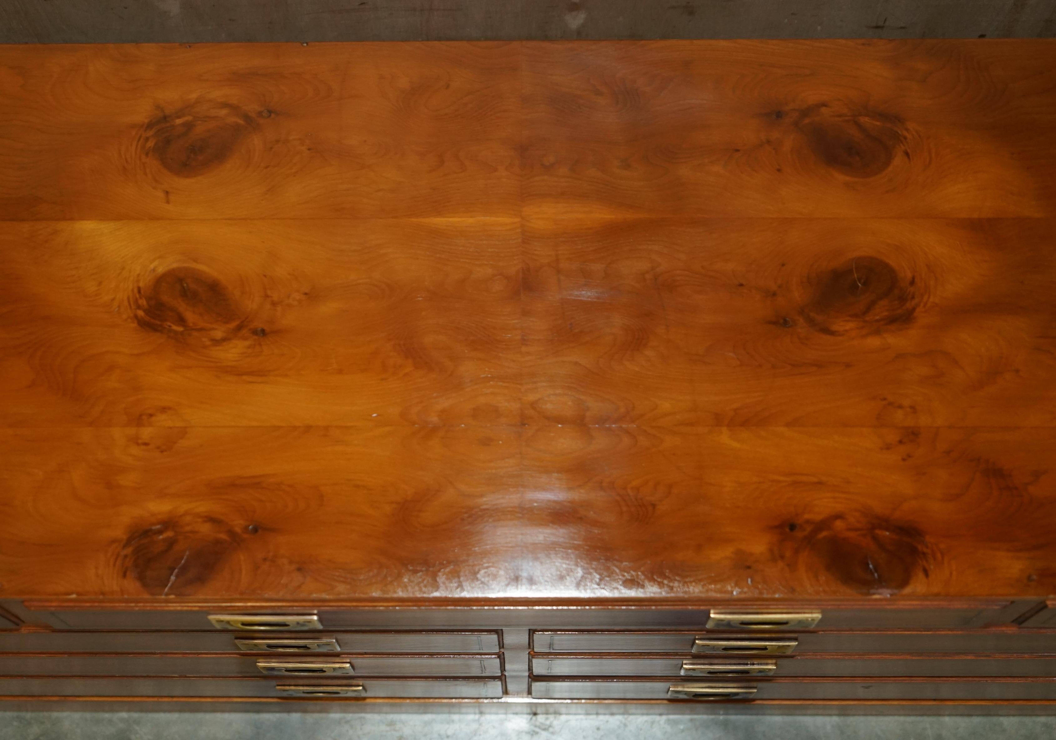 FINE RESTORED TRADITIONALLY FRENCH POLISHED BURR ELM MILITARY CAMPAIGN SiDEBOARD For Sale 1