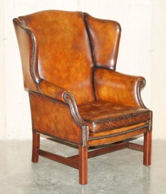 FINE RESTORED VINTAGE 1960's BROWN LEATHER WINGBACK ARMCHAIR THOMAS CHIPPENDALE