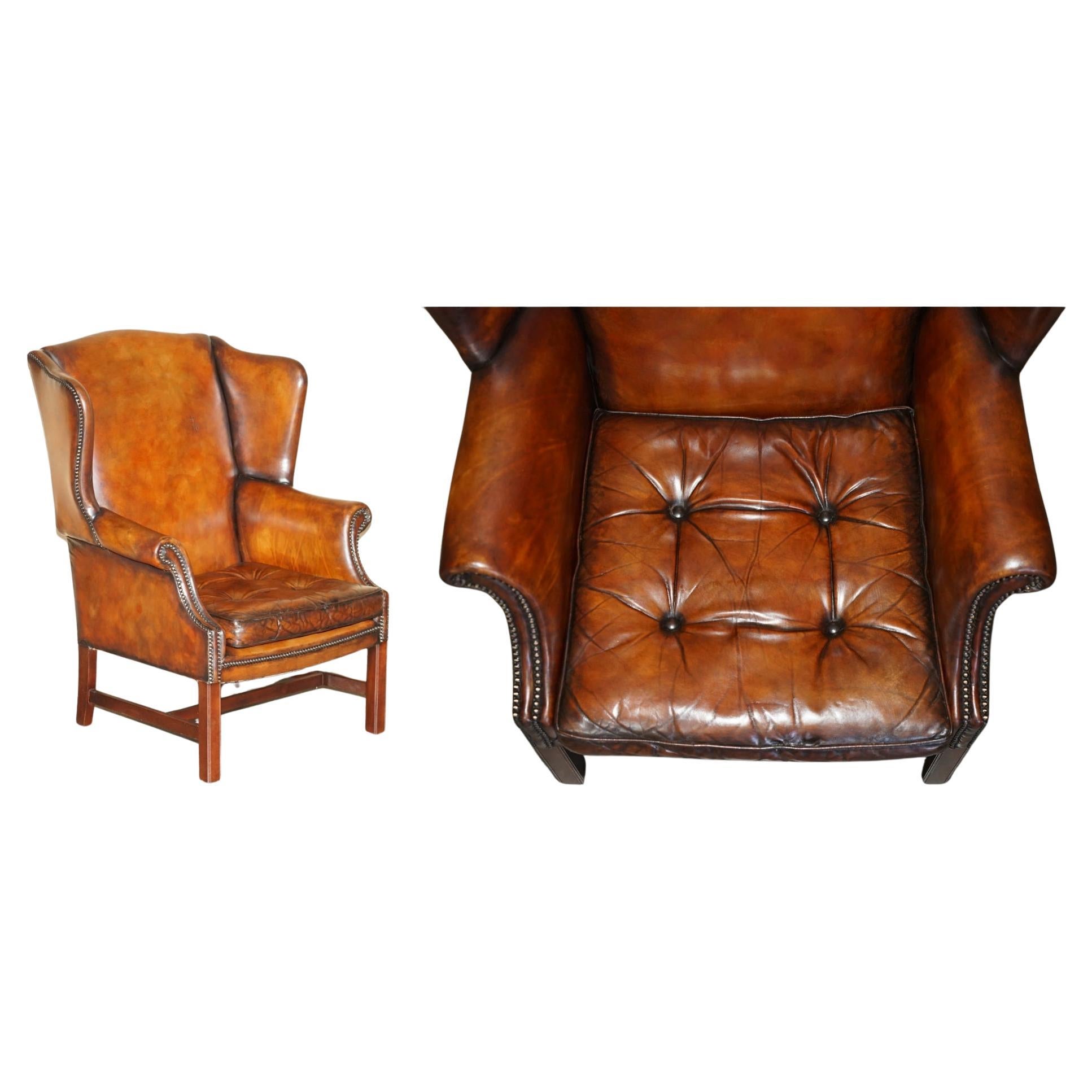 FINE RESTORED VINTAGE 1960's BROWN LEATHER WINGBACK ARMCHAIR THOMAS CHIPPENDALE
