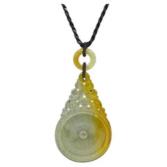 Fine Reticulated Honey Yellow Natural Jadeite Pendant Bead Necklace A-Grade