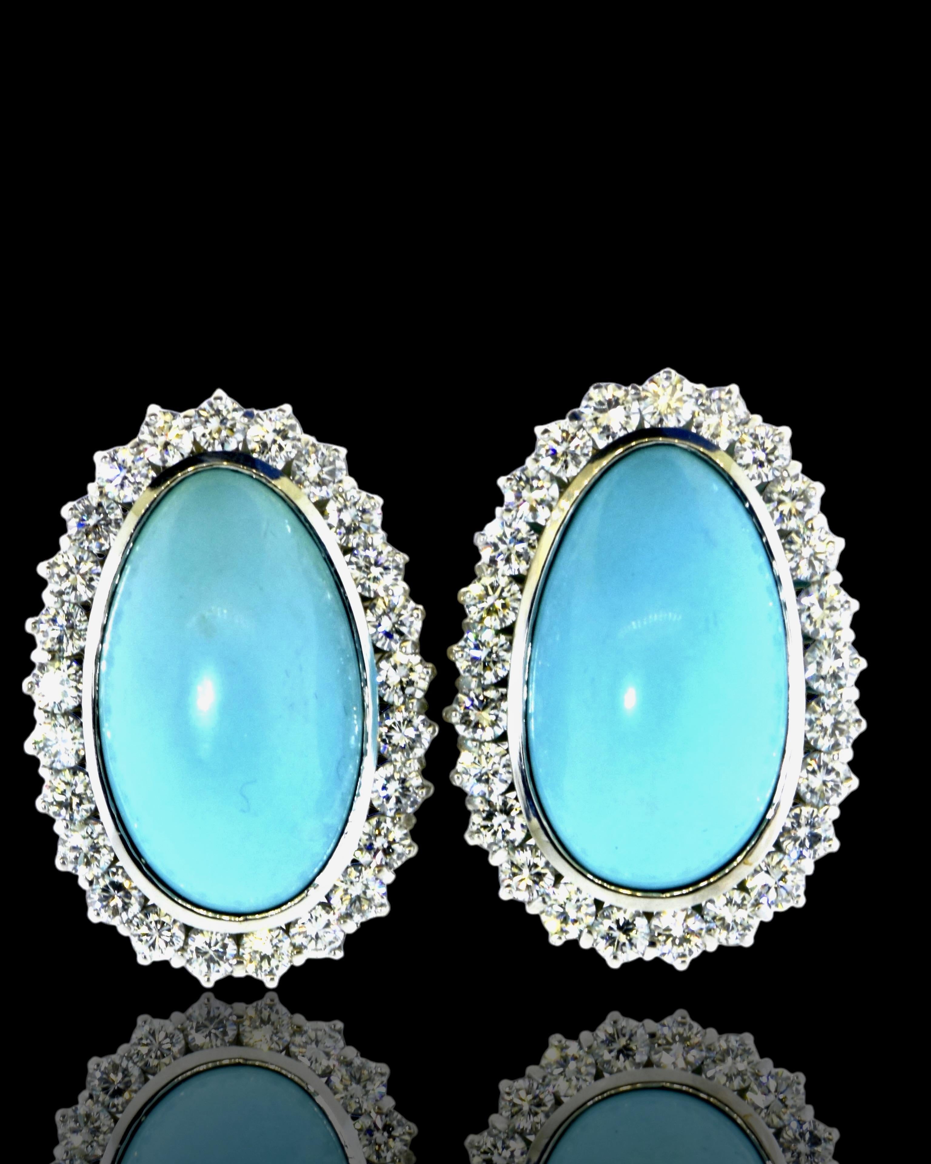 Fine Robin's Egg Blue Turquoise & Diamond, 18K White Gold Earrings, c. 1990 Contemporáneo en venta