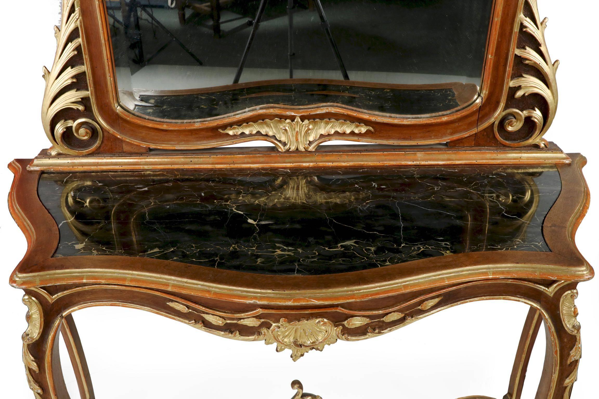 European Fine Rococo Carved and Gilded Walnut Pier Mirror and Console Table, 19th Century