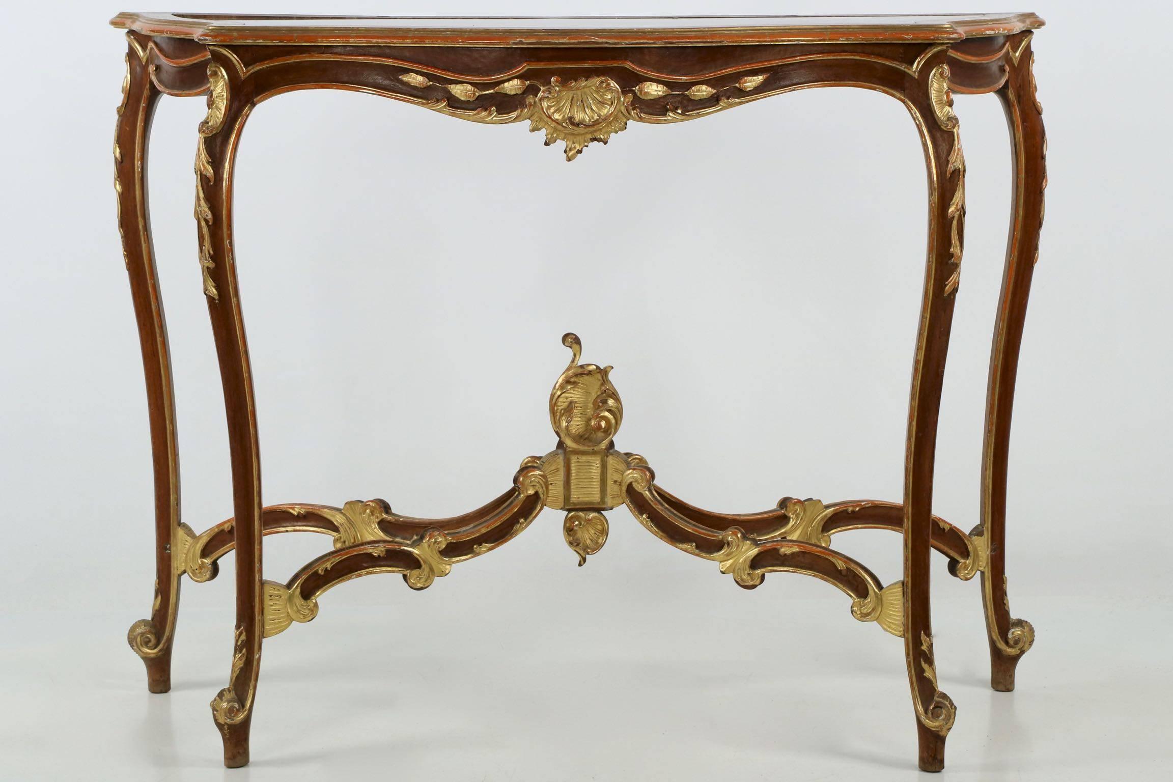 Beveled Fine Rococo Carved and Gilded Walnut Pier Mirror and Console Table, 19th Century