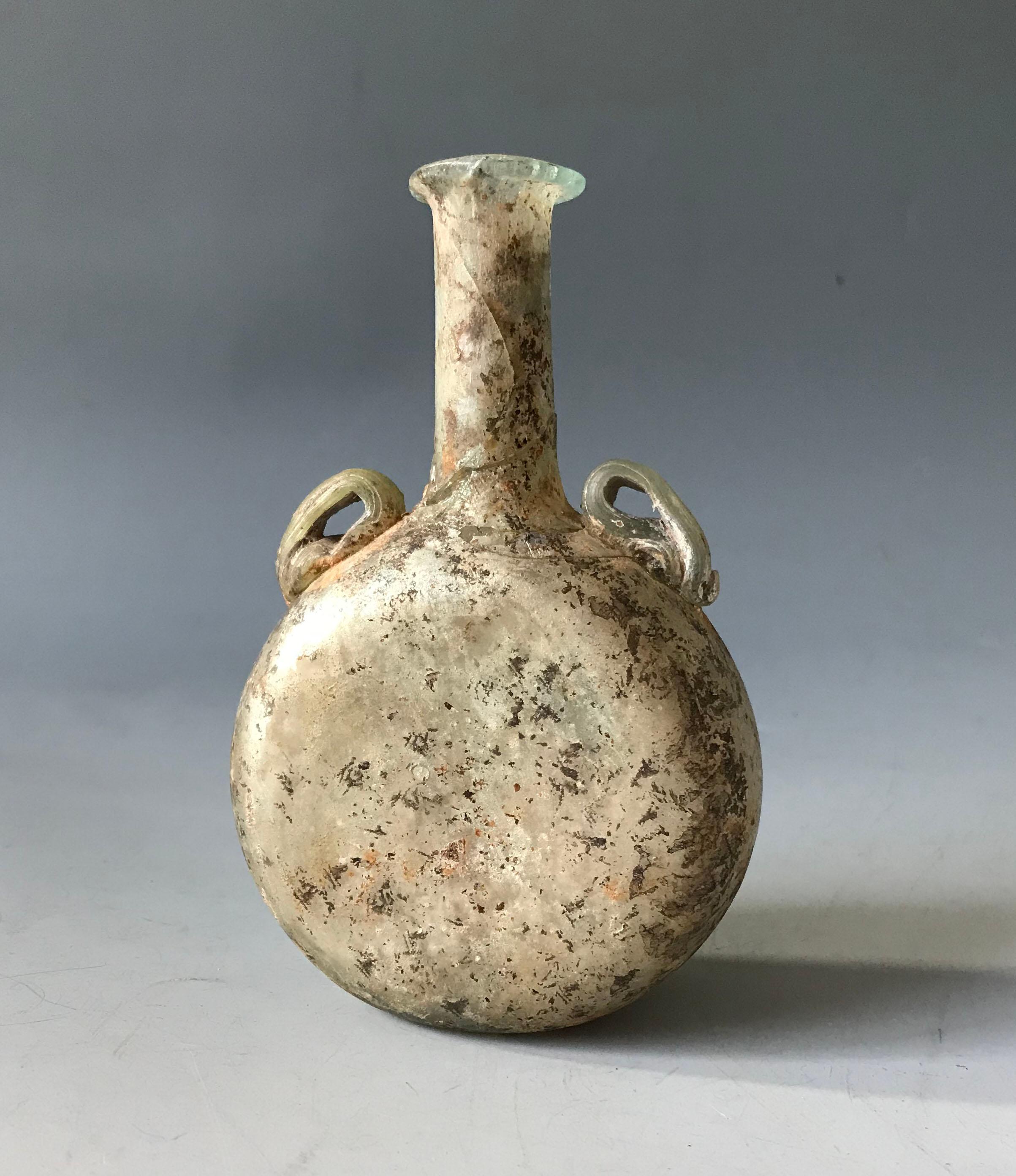Italian Roman iridescent glass flask antiquities ancient world antiques