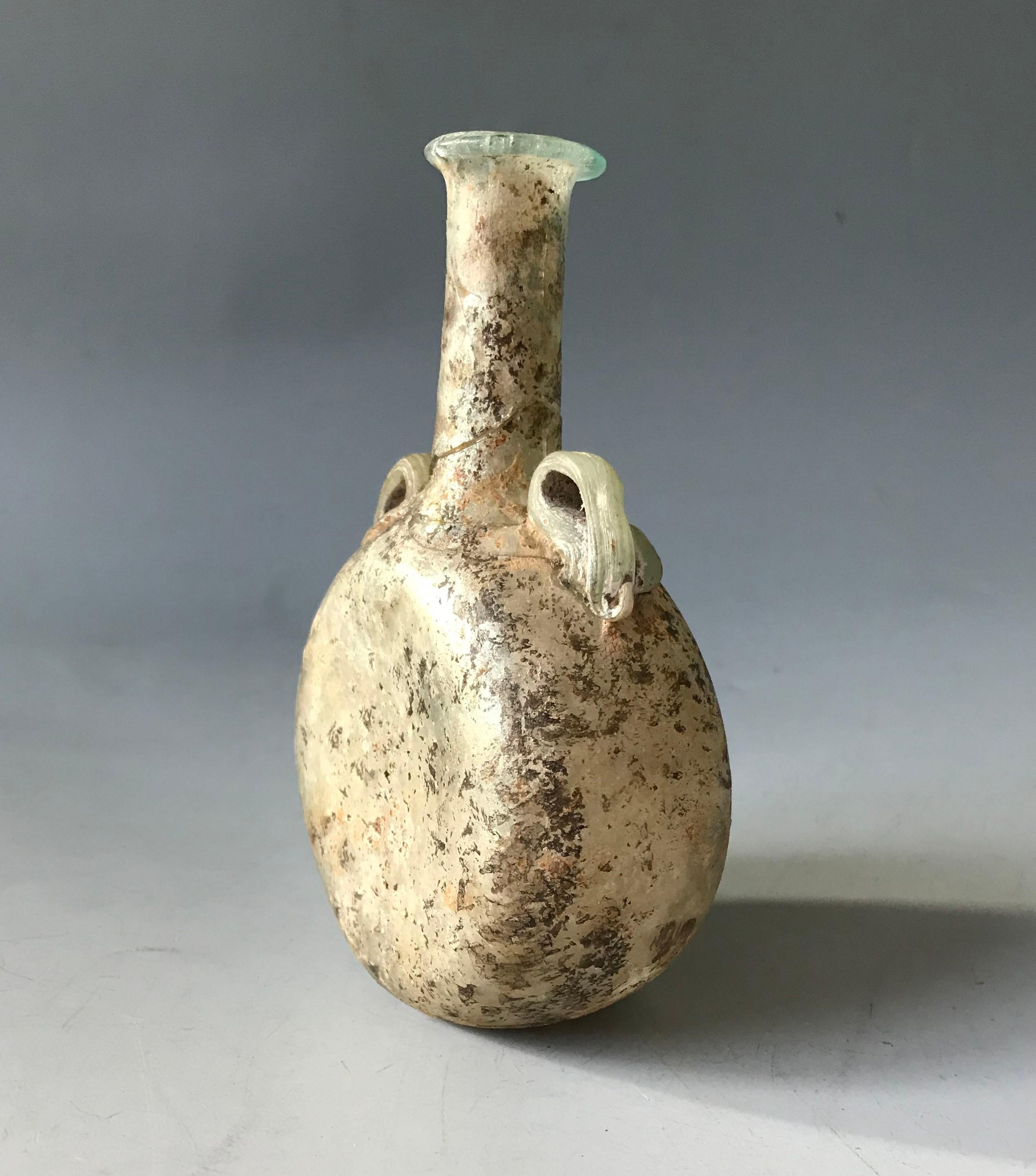 Hand-Crafted Roman iridescent glass flask antiquities ancient world antiques