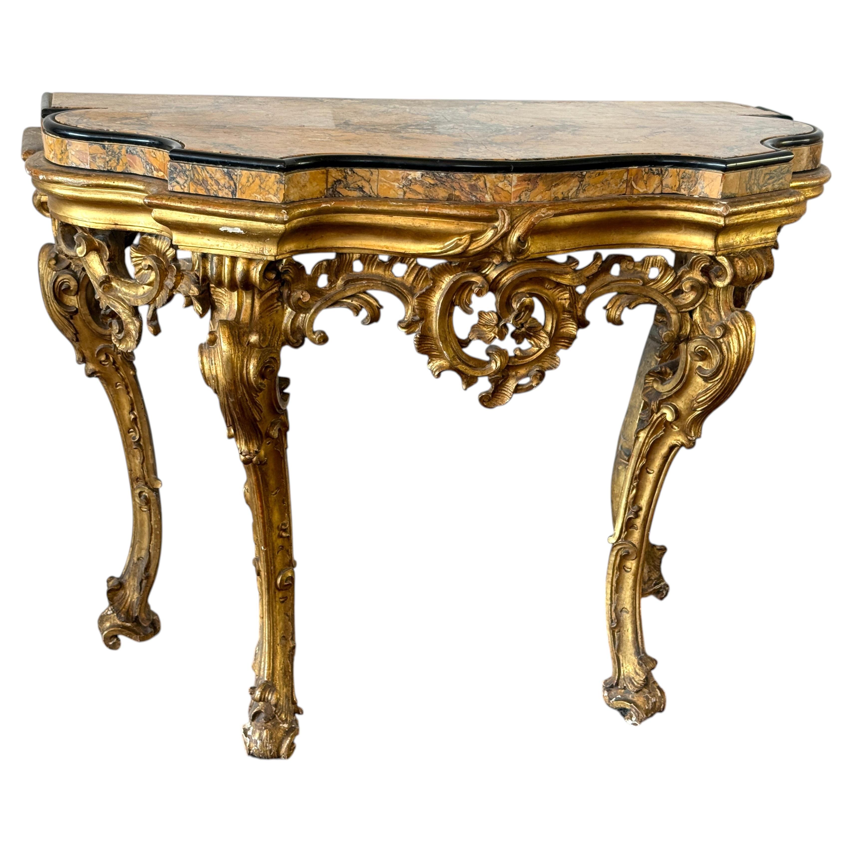 Fine Roman Mid-18th Century Giltwood Rococo Console Table with Marble top