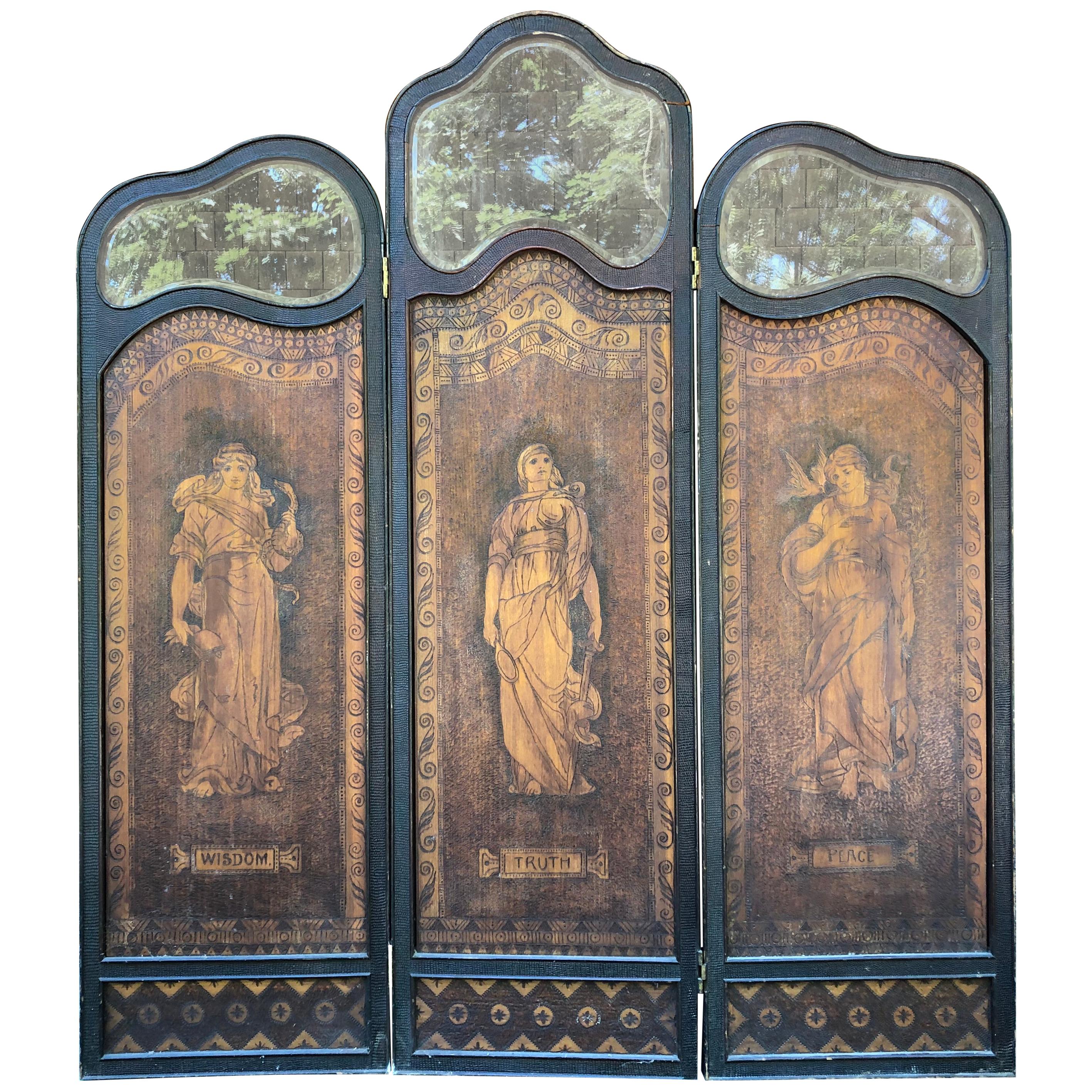 Fine Romantic Hand Decorated "Truth, Wisdom, & Peace" Arts & Crafts Wood Screen