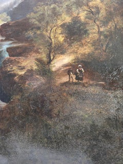 Magnifique peinture romantique représentant un paysage avec une cascade, dans un cadre doré richement décoré