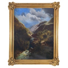 Magnifique peinture romantique représentant un paysage avec une cascade, dans un cadre doré richement décoré