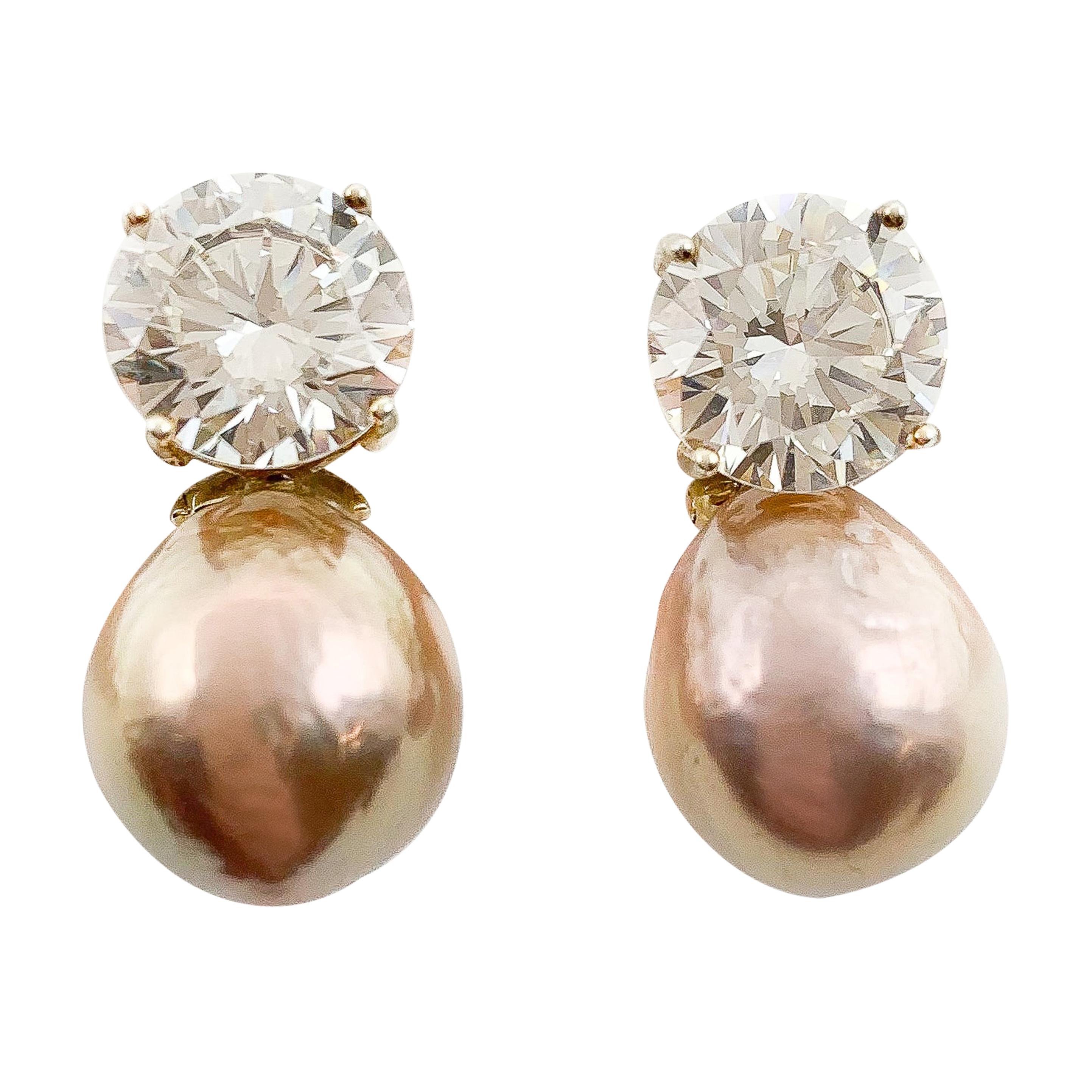 Fine Rose Gold Colored Pearls & Stone Pendant Earrings