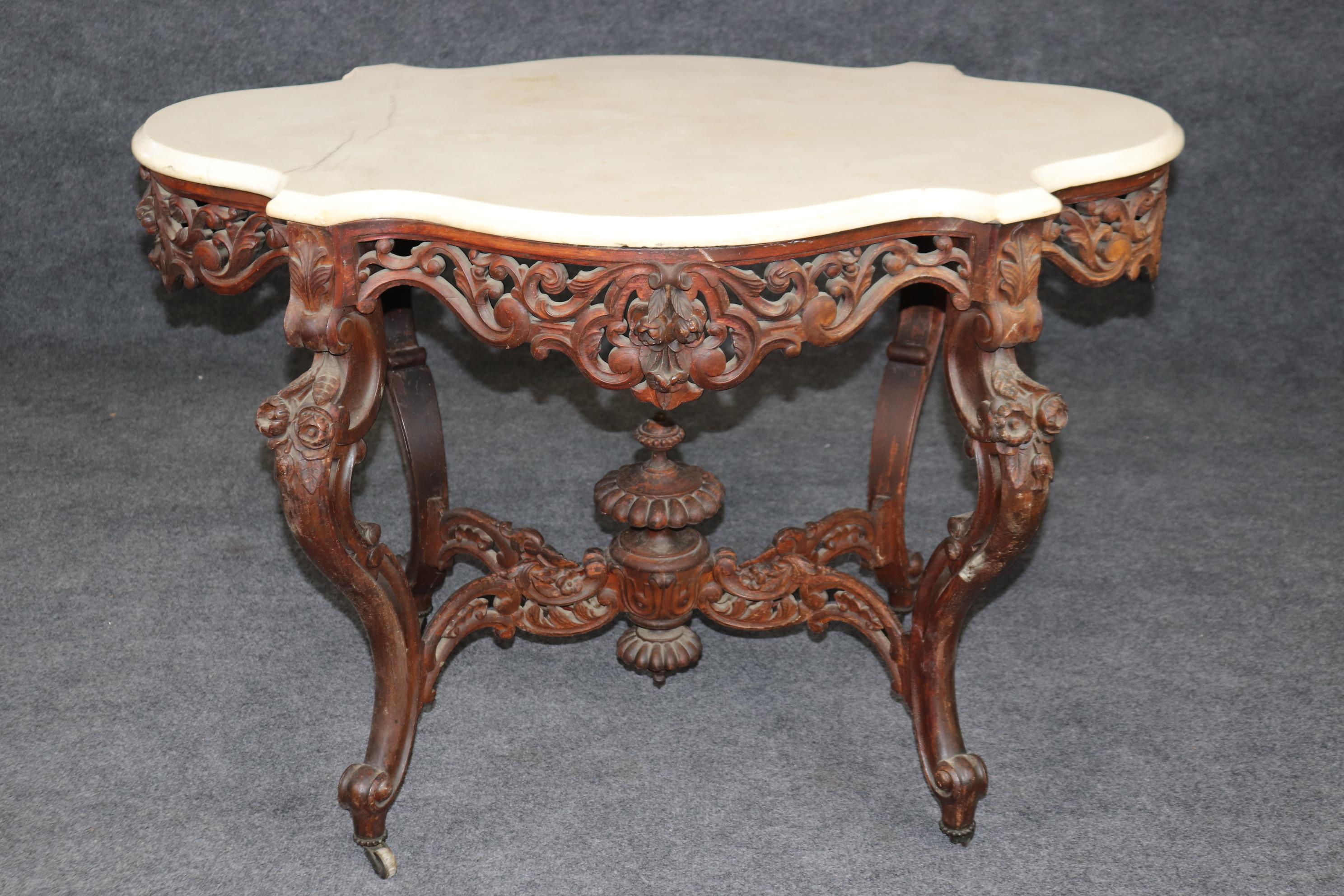 American Fine John Henry Belter Rosewood Carved High Victorian Marble Top Center Table