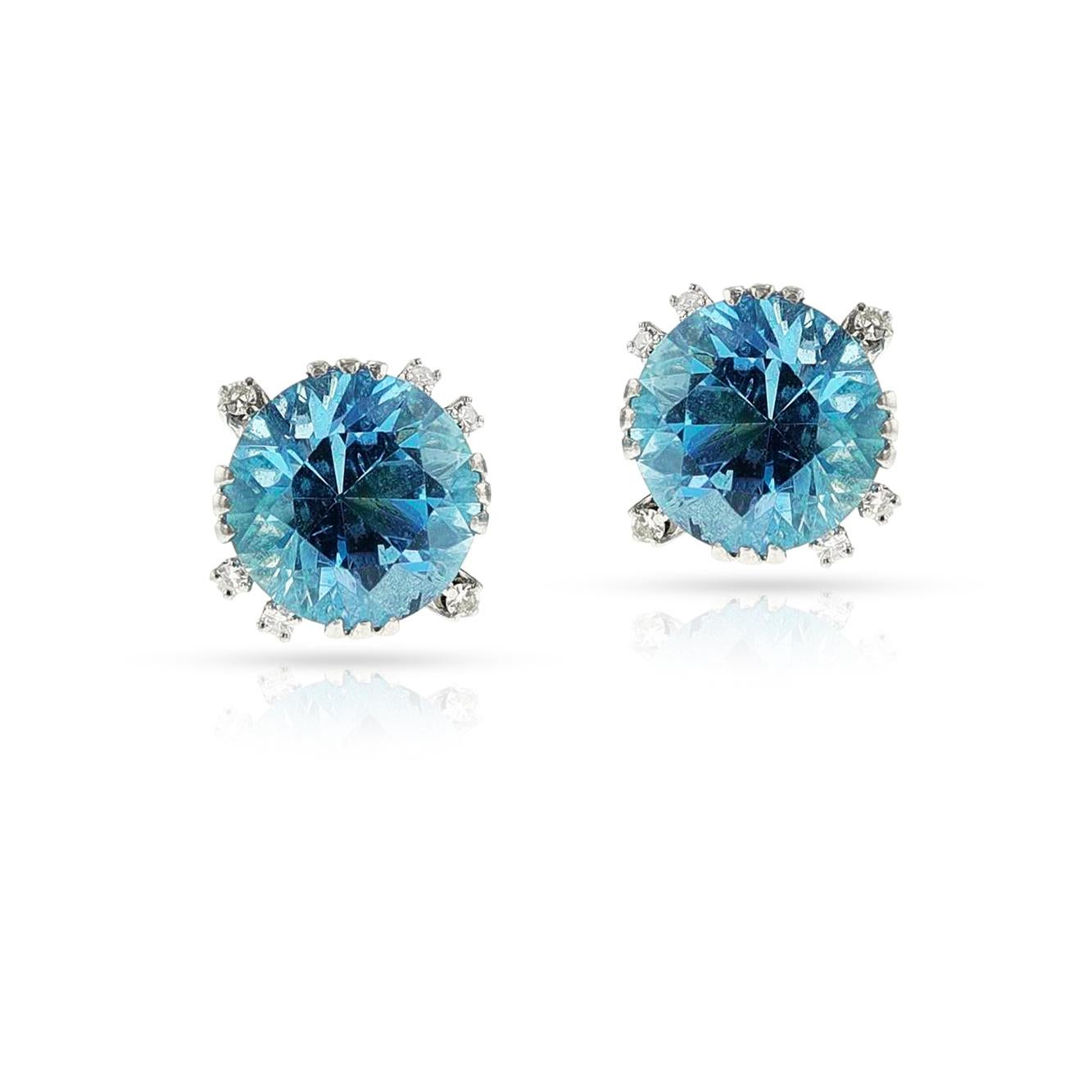 Women's or Men's Fine Round Aquamarine and Diamond Stud Earrings, 18k For Sale