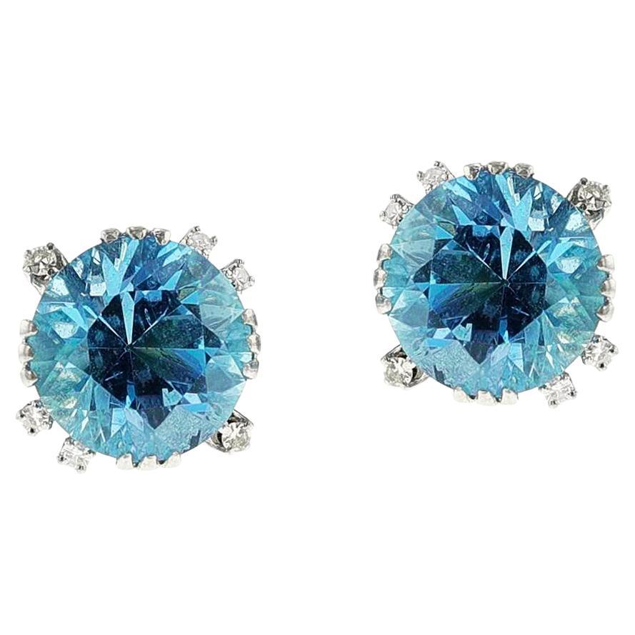 Fine Round Aquamarine and Diamond Stud Earrings, 18k For Sale