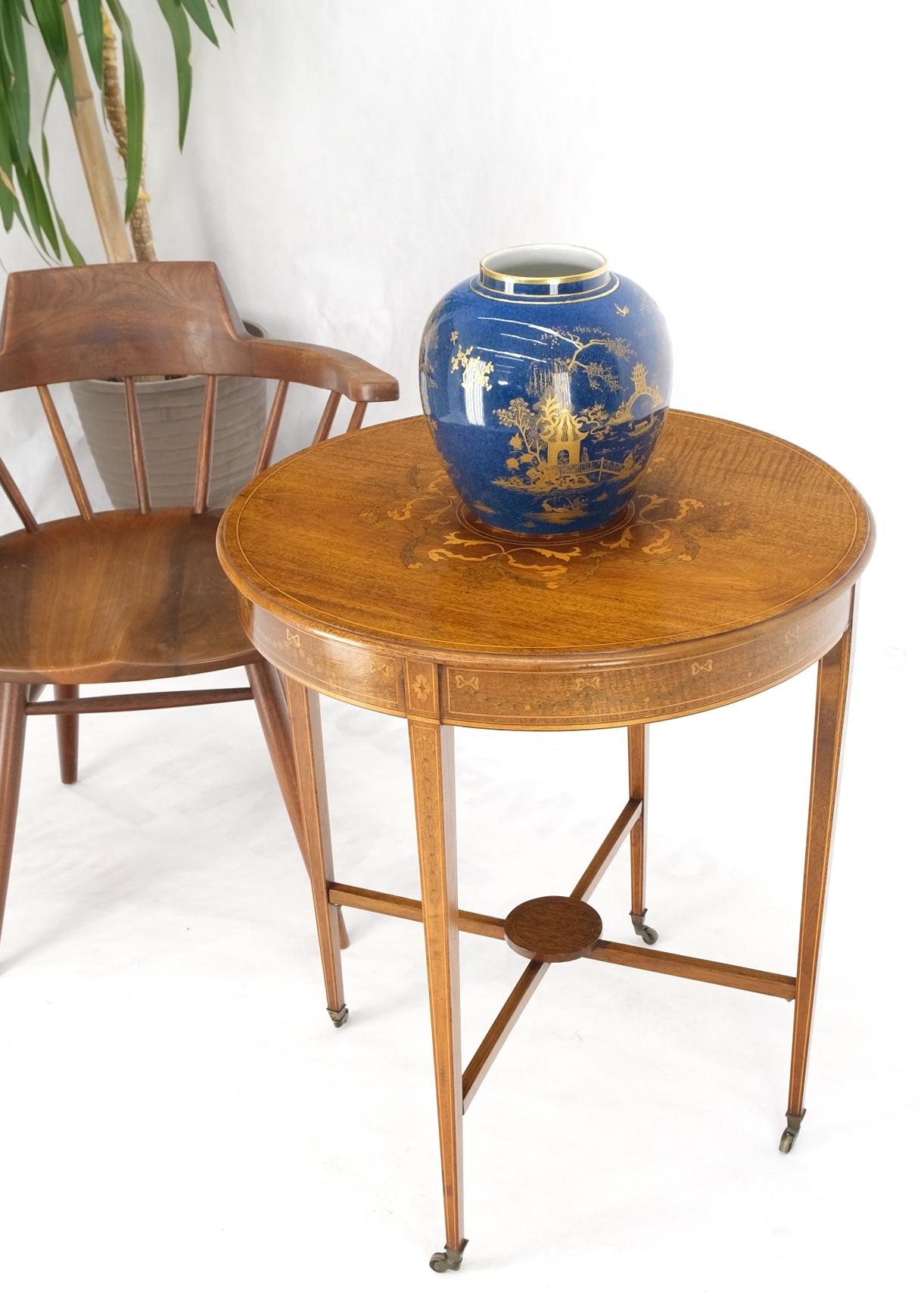 Fine Round Inlay Side Lamp Table on Brass on Tapered Legs and Wheels 6