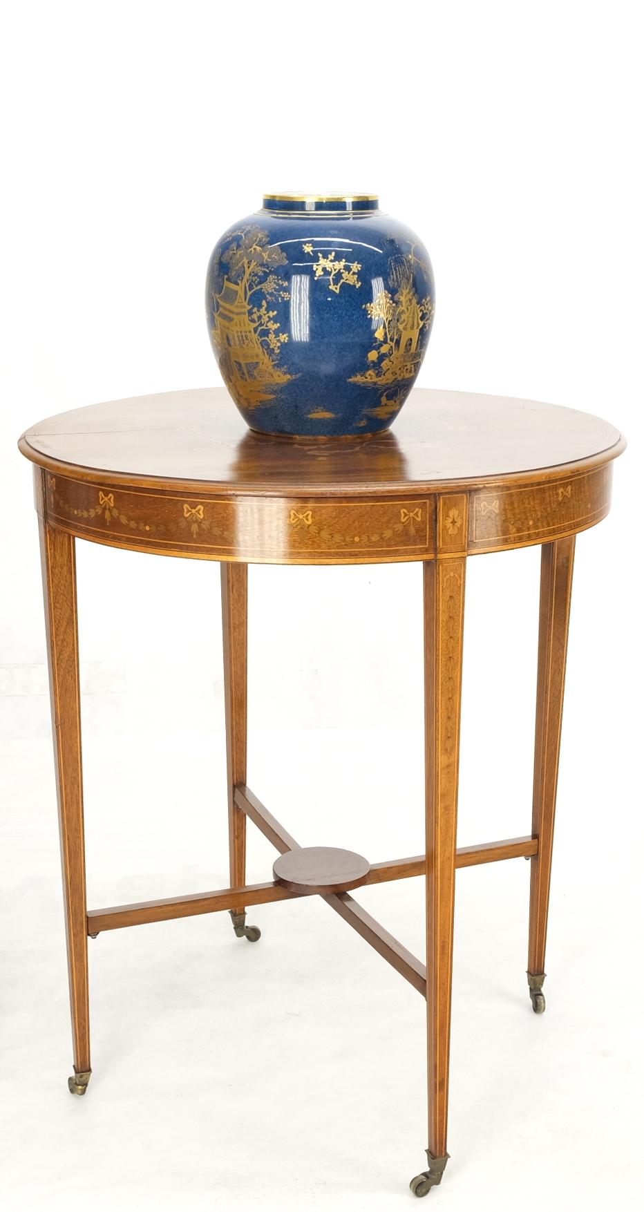 Fine Round Inlay Side Lamp Table on Brass on Tapered Legs and Wheels 9