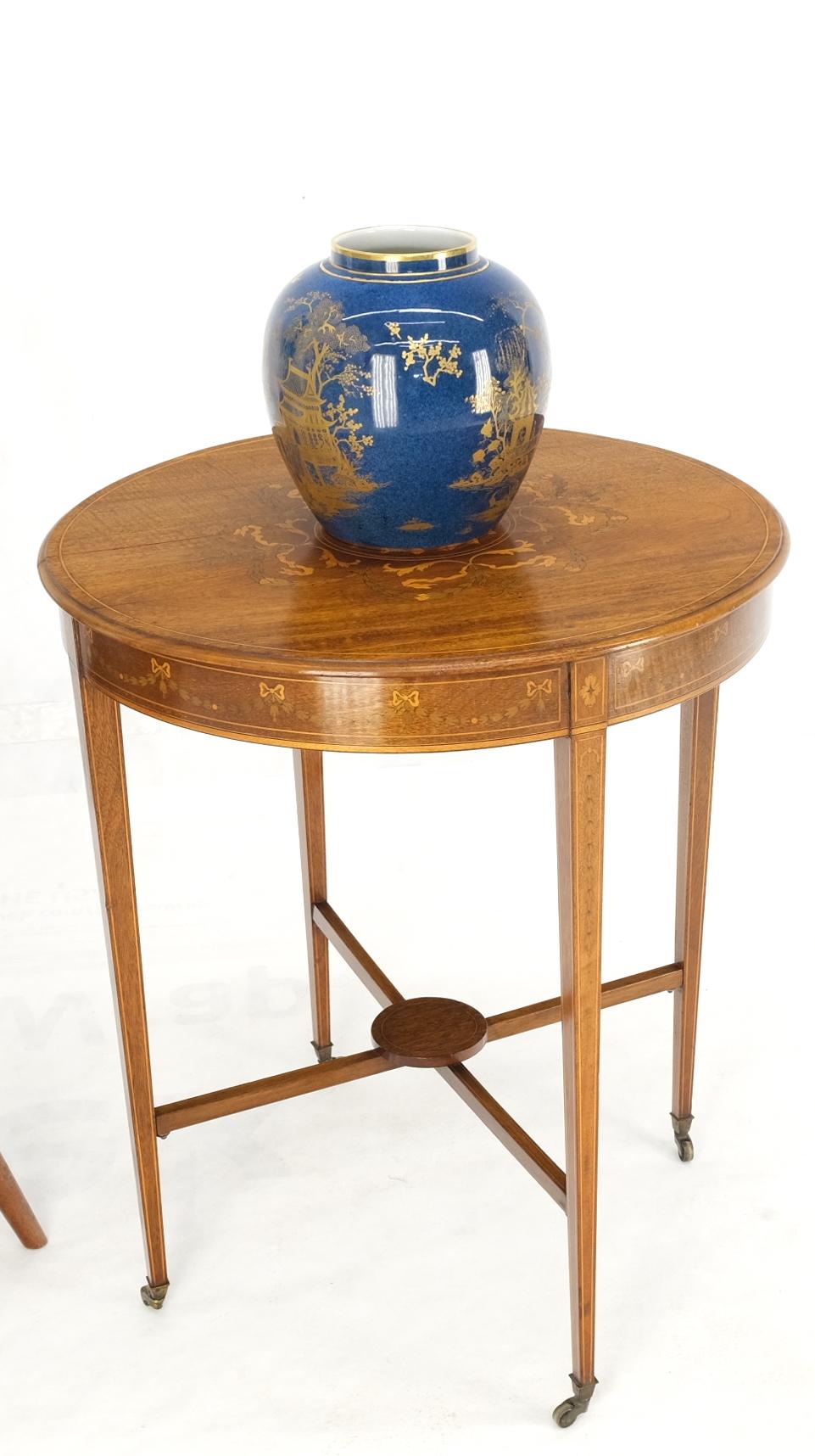 Fine Round Inlay Side Lamp Table on Brass on Tapered Legs and Wheels 3