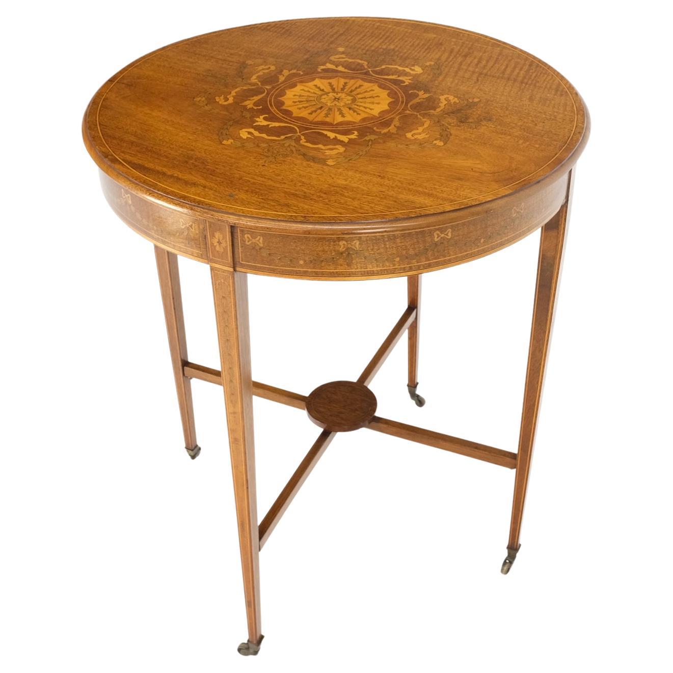 Fine Round Inlay Side Lamp Table on Brass on Tapered Legs and Wheels