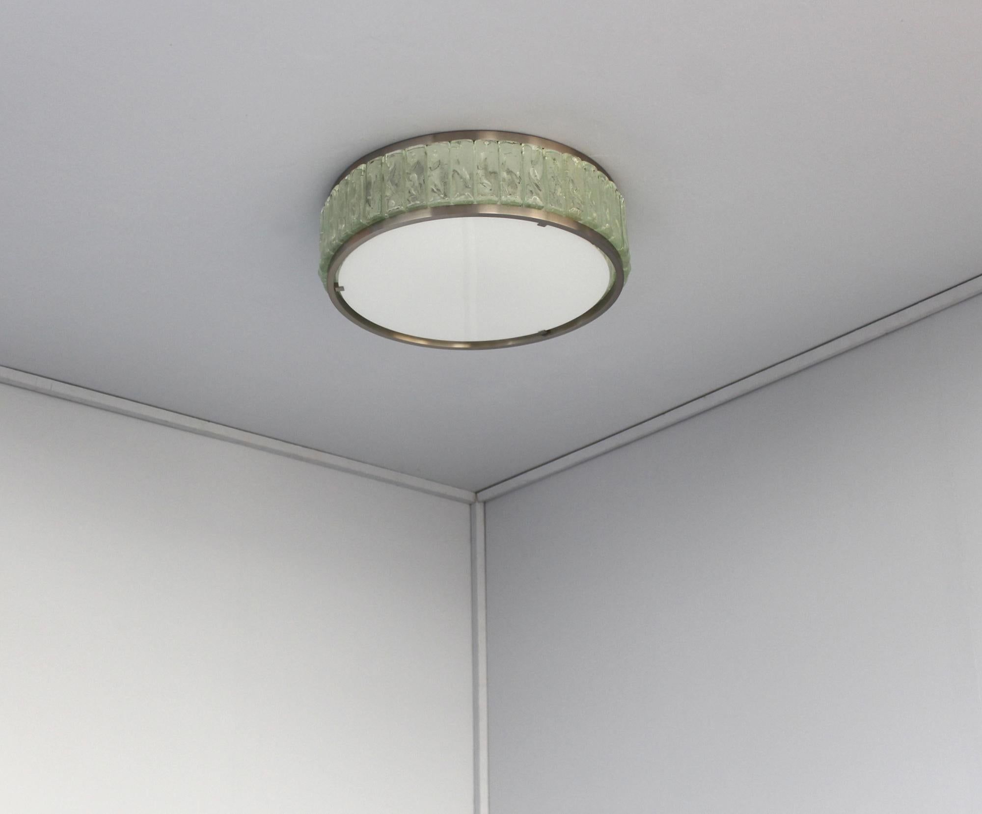 Atelier Jean Perzel - Fine French mid century round “Queens Necklace” flush mount / ceiling light made with rough laid glass slabs set between two brushed nickel mount rings and a white opaline glass diffuser (which is easy to remove for bulb