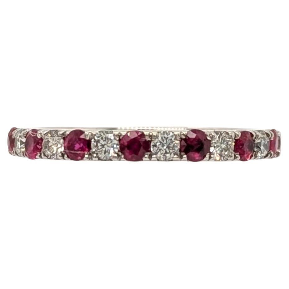 Fine Round Ruby and Diamond Band in Solid 14K White Gold - Halfway Band in vendita