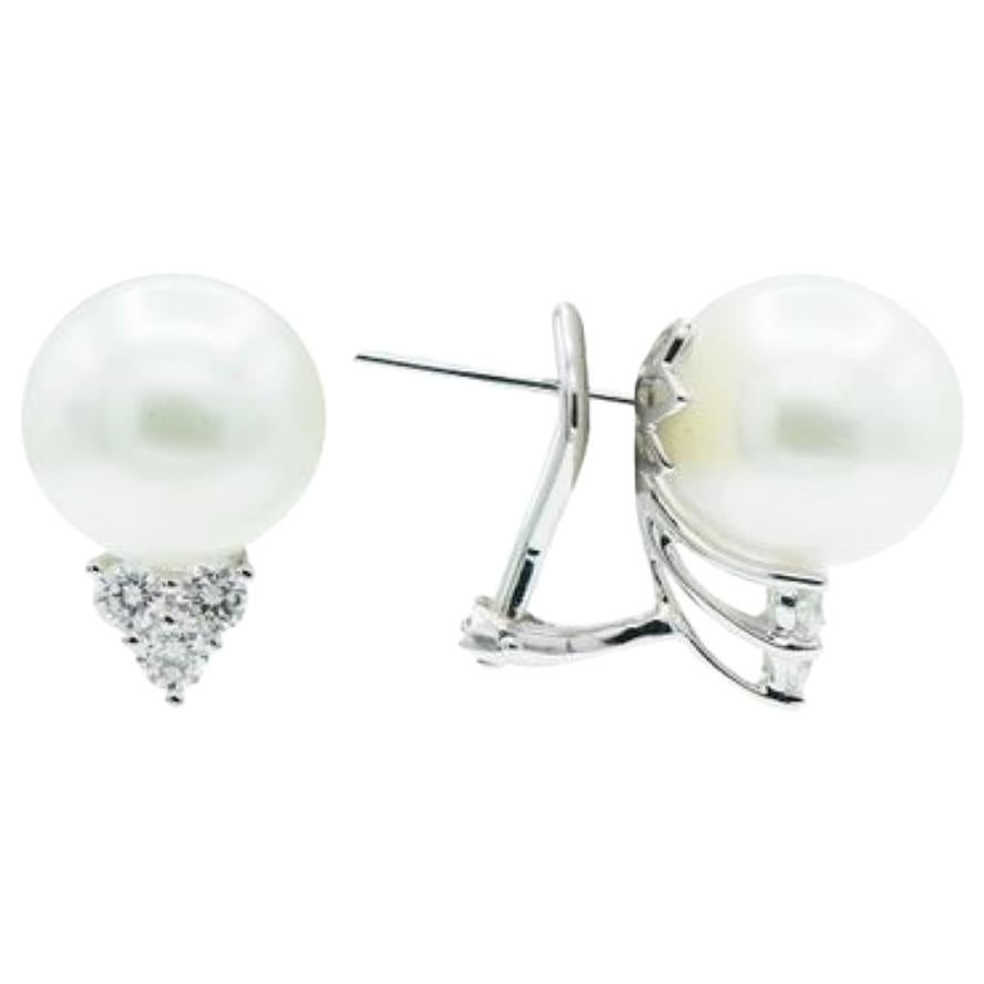 Fine, Round South Sea Pearl Stud Earrings Accented with .60ct of Round Diamonds For Sale