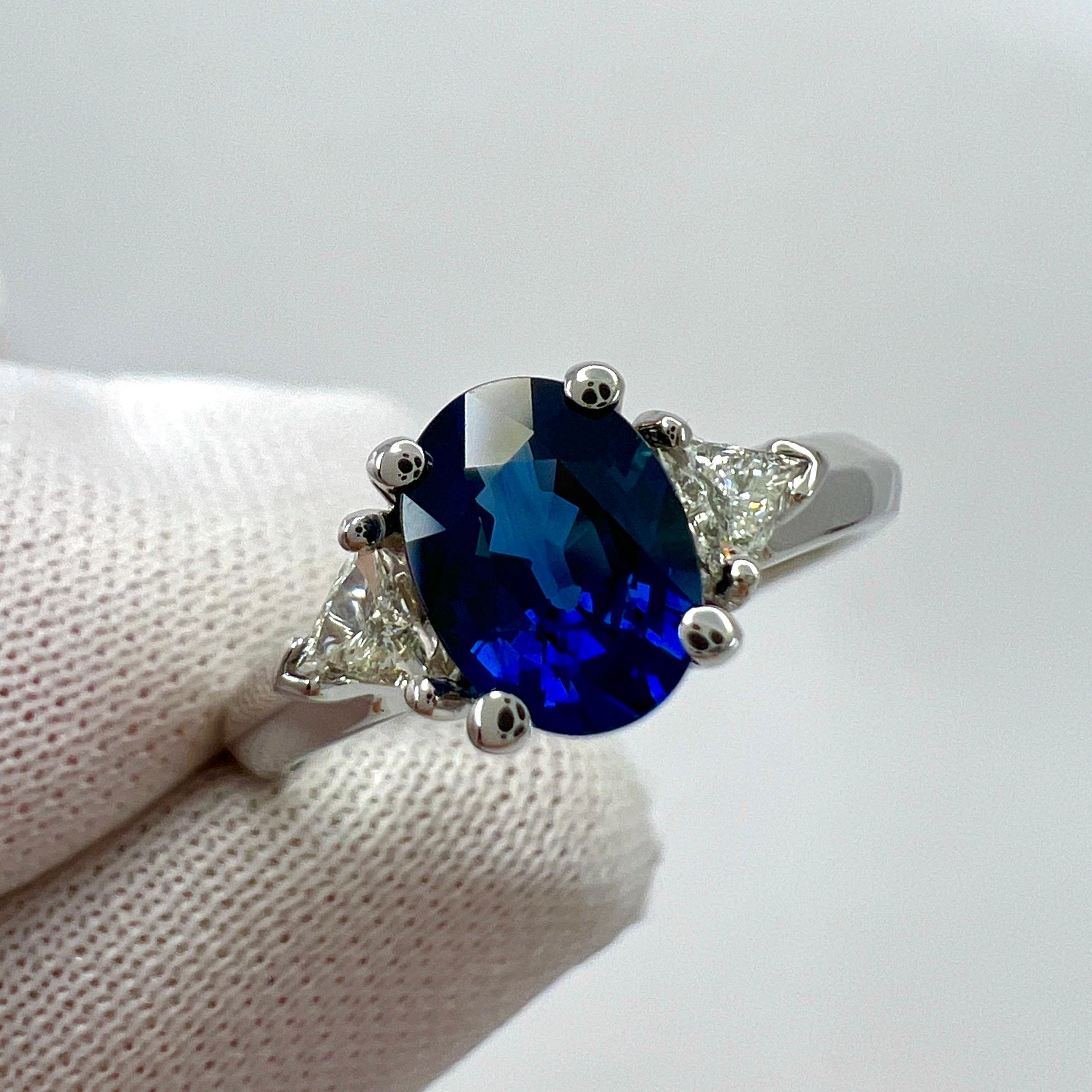 Fine Royal Blue Sapphire & Diamond 18k White Gold Oval Cut Three Stone Ring For Sale 6