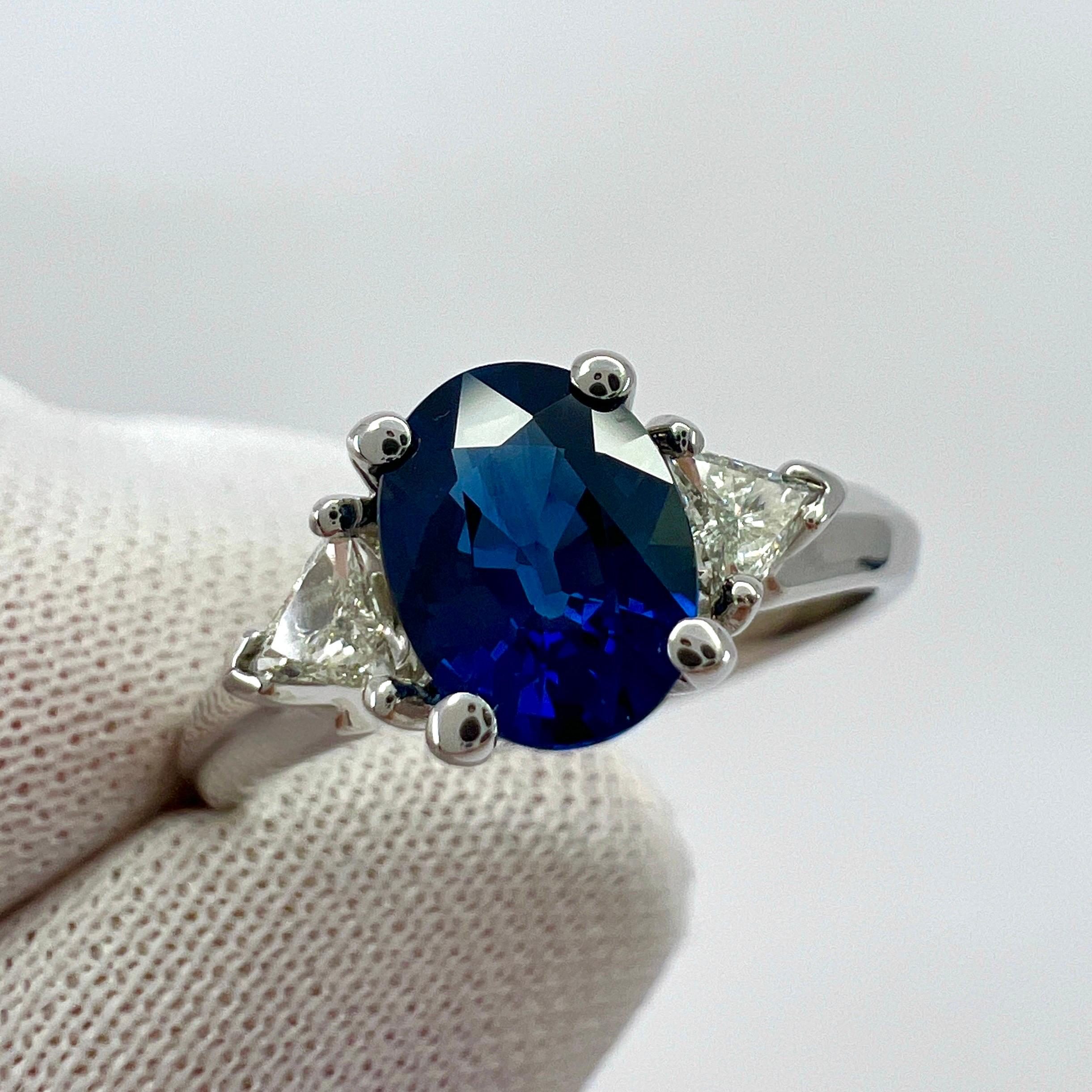 Fine Royal Blue Sapphire & Diamond 18k White Gold Oval Cut Three Stone Ring For Sale 7