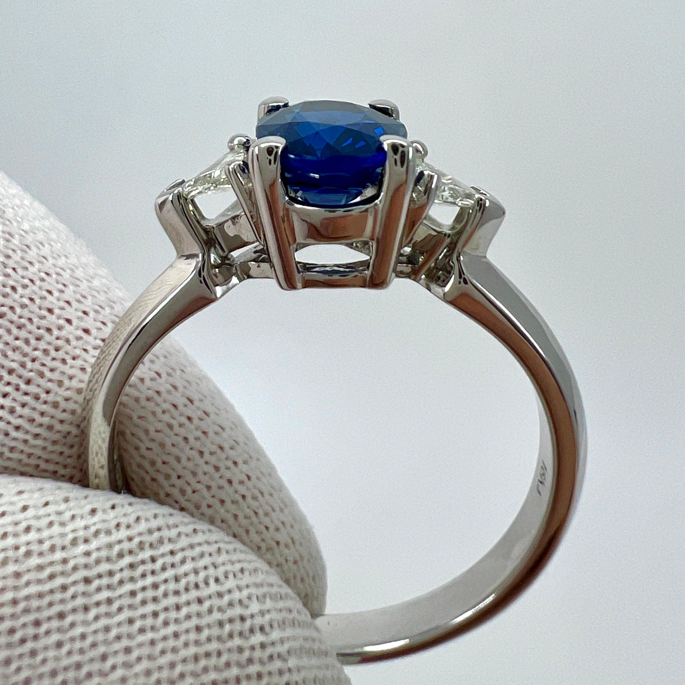 Fine Royal Blue Sapphire & Diamond 18k White Gold Oval Cut Three Stone Ring For Sale 4
