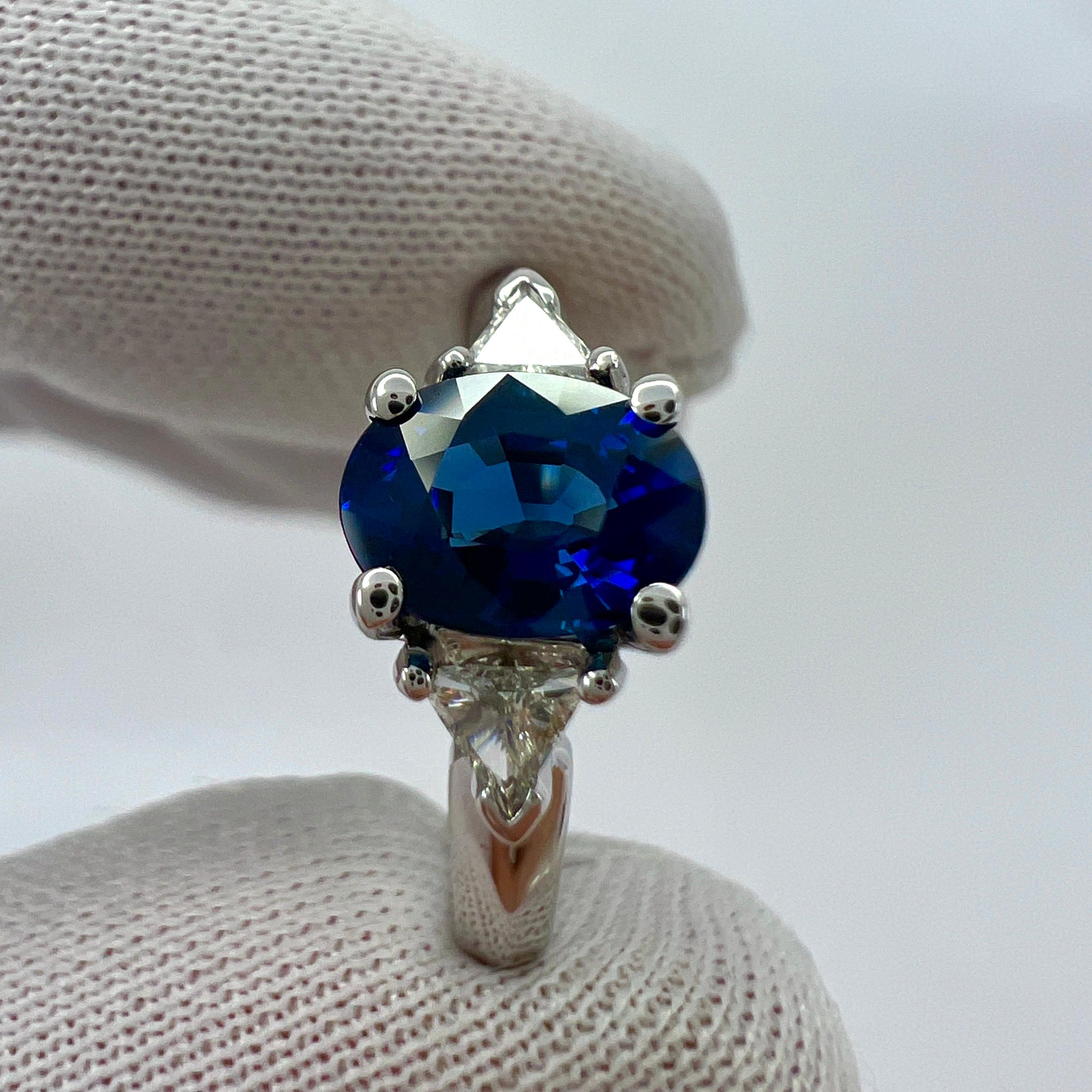 Fine Royal Blue Sapphire & Diamond 18k White Gold Oval Cut Three Stone Ring For Sale 5