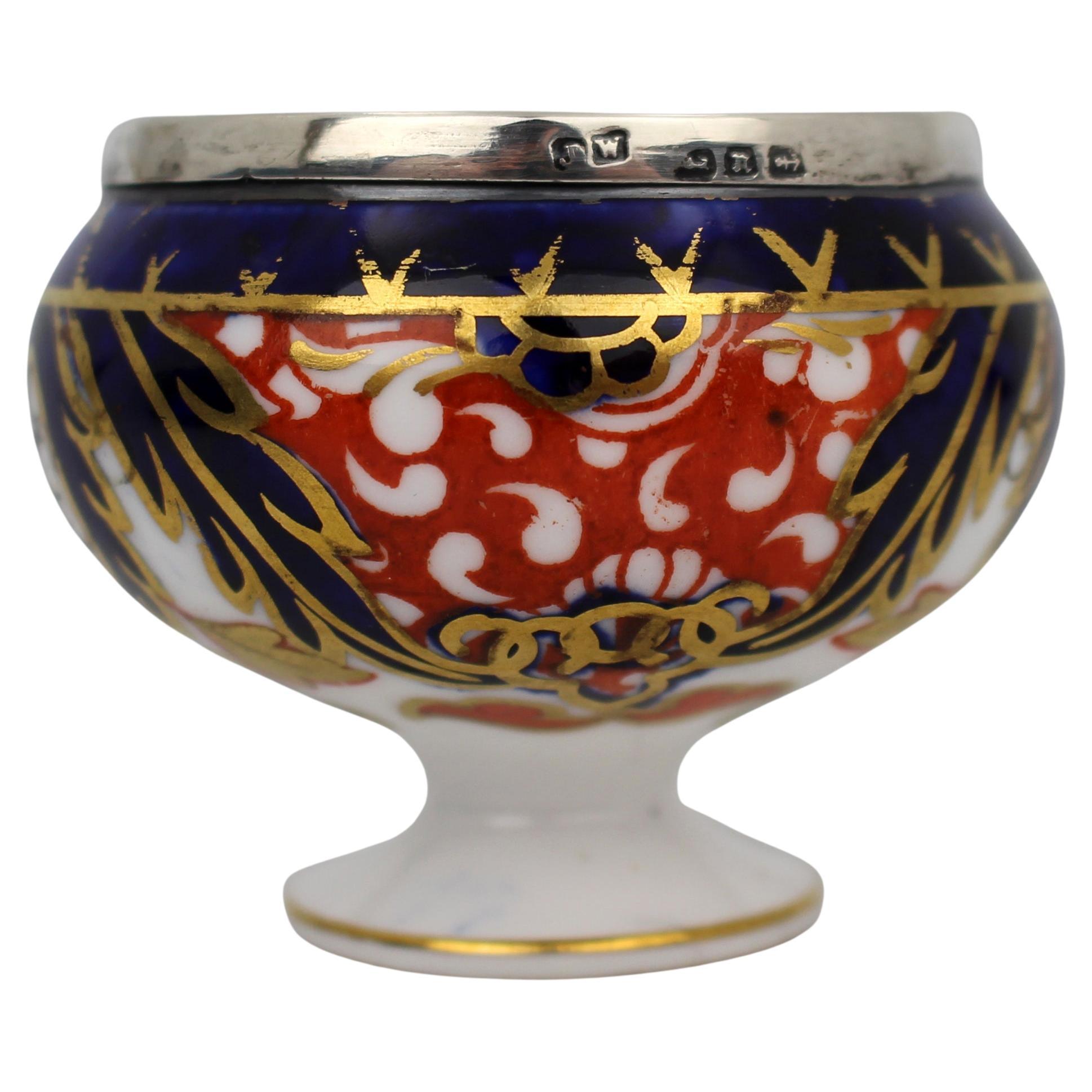 Feine Royal Crown Derby Imari Porcelain & Silber Salz, um 1890 im Angebot