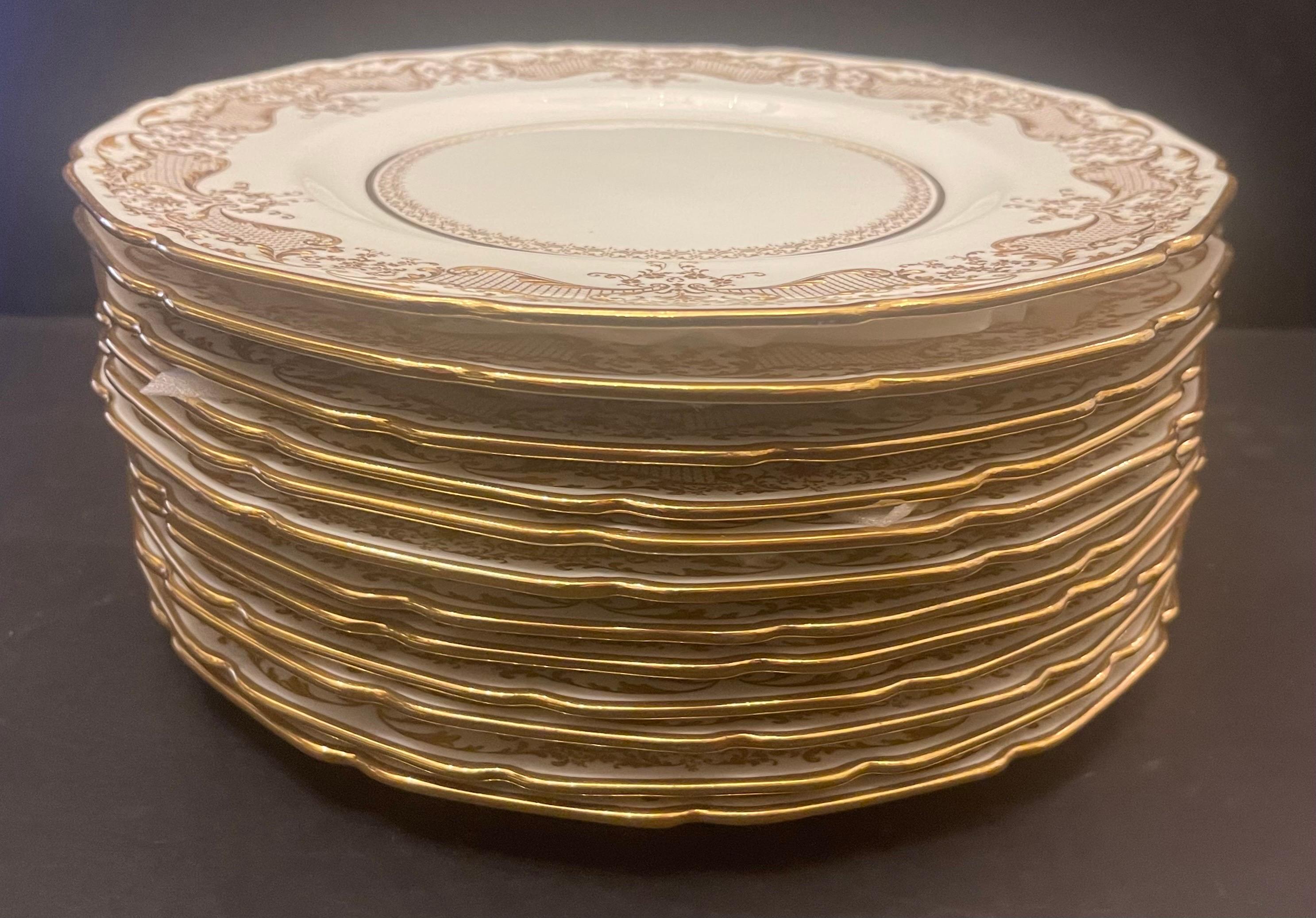 A Wonderful Service Of Royal Doulton 12 Antique English Raised Gold Gilt Encrusted Service / Dinner Plates. 
Stamped Royal Doulton England On The Back Of Each Plate.